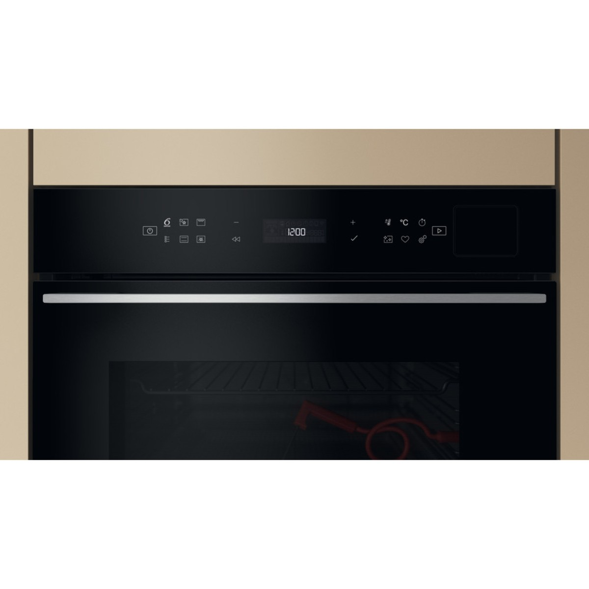 Modern black oven door with digital display and controls.