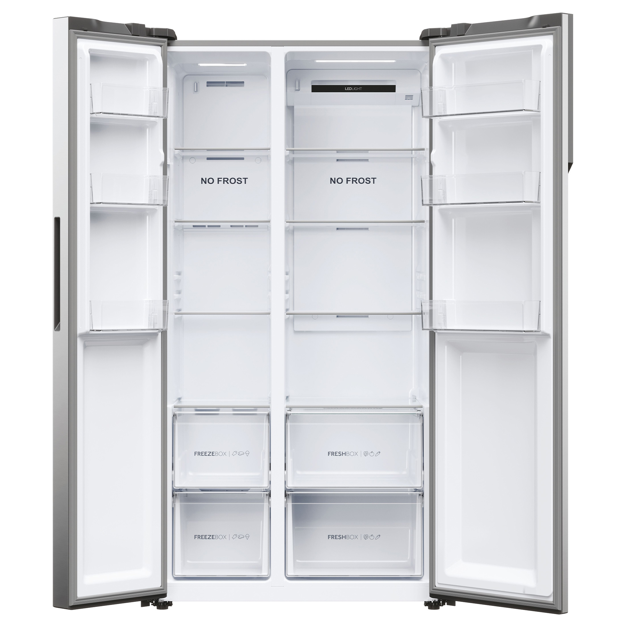 Ein offener, leerer, silberner Side-by-Side-Kühlschrank mit klaren Türfächern und Schubladen.