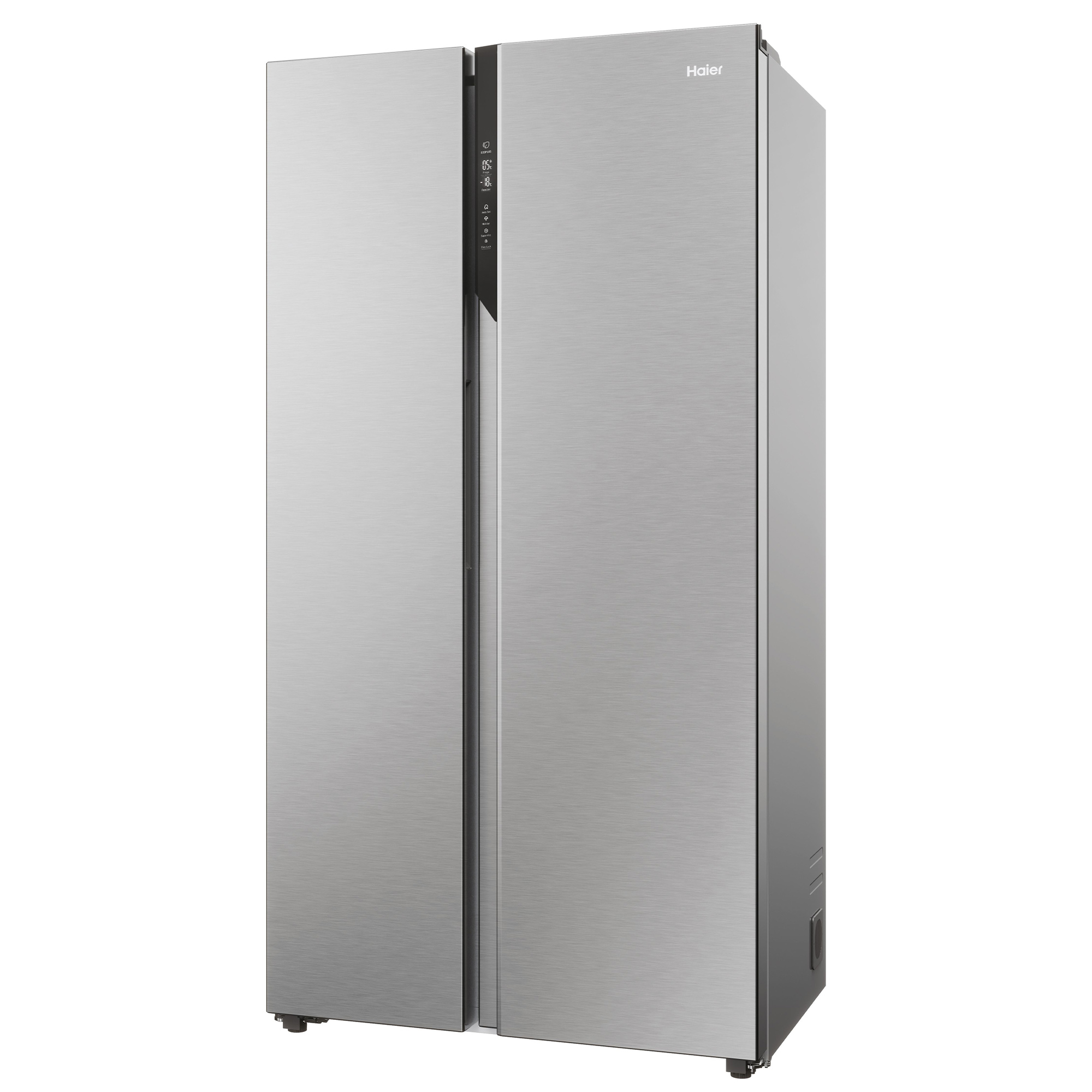 Ein silberner Haier-Kühlschrank mit zwei Türen und digitalem Display.
