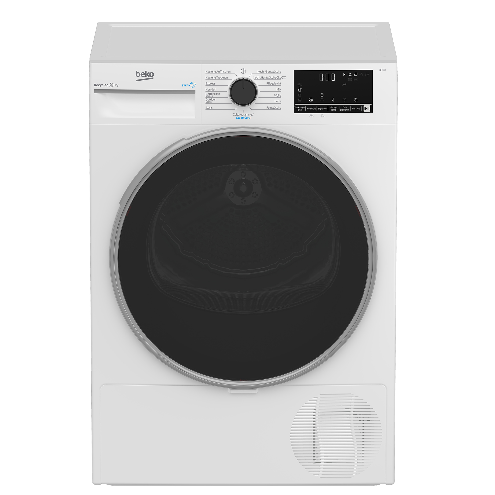 Weiße Beko Trocknermaschine mit schwarzer Tür und Bedienfeld mit Drehknopf und digitalen Anzeigen.