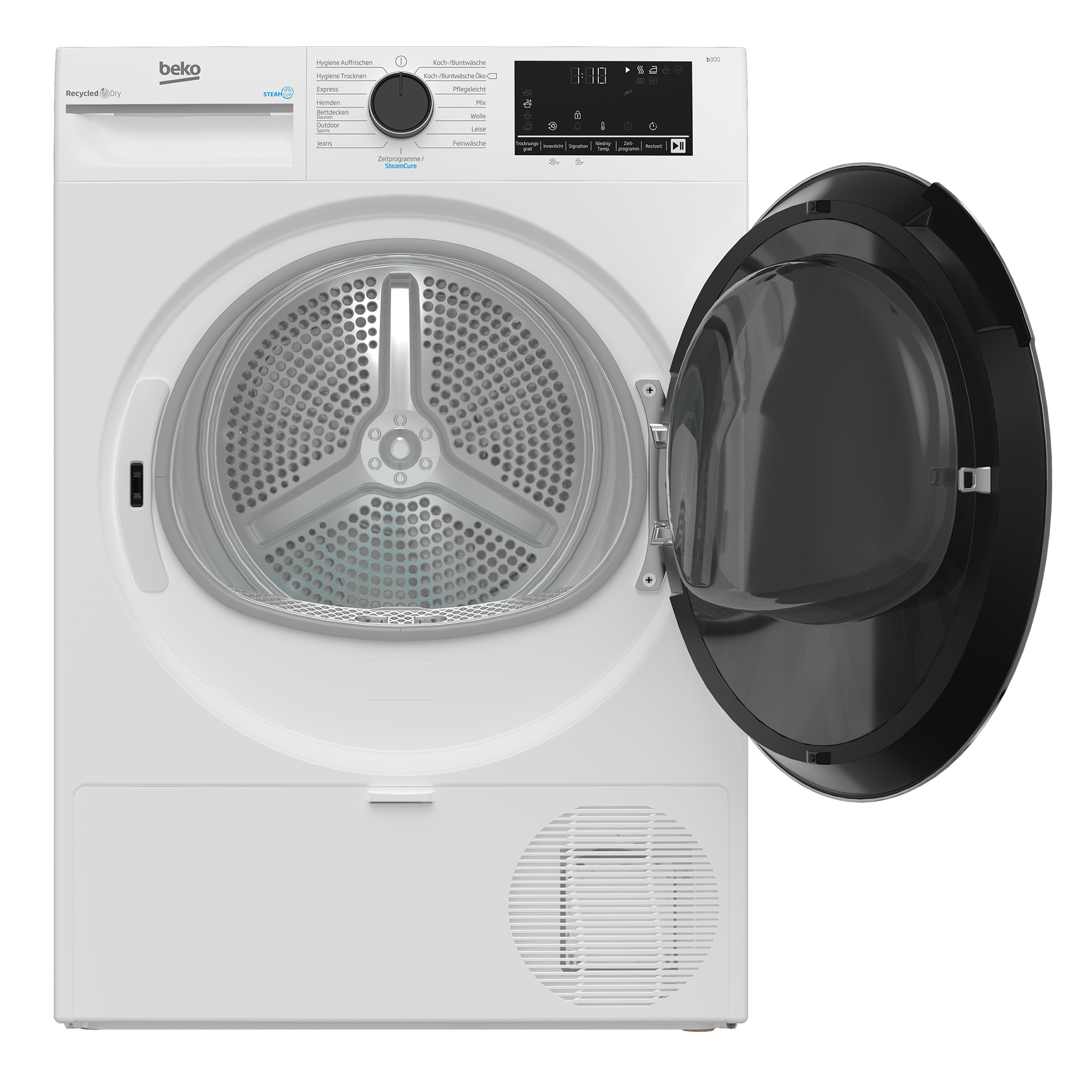 Eine weiße Beko-Wäschetrockner-Tür ist geöffnet. Das Bedienfeld zeigt Programme an.