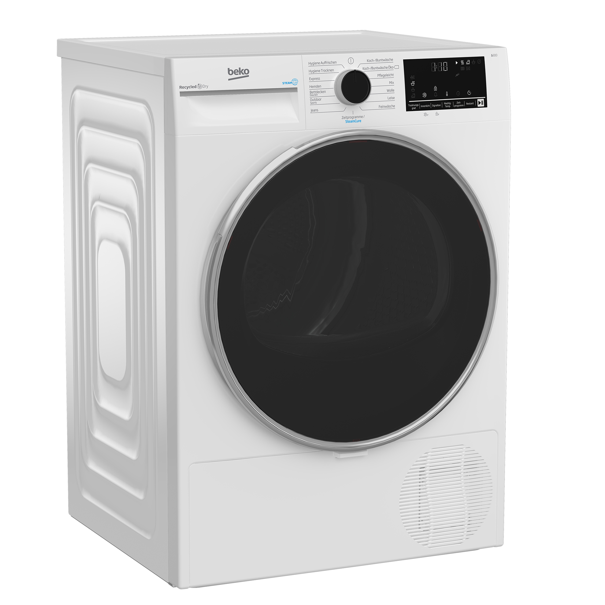 Eine weiße Beko-Wäschetrockner-Maschine mit einem runden schwarzen Bullauge und einem digitalen Bedienfeld.