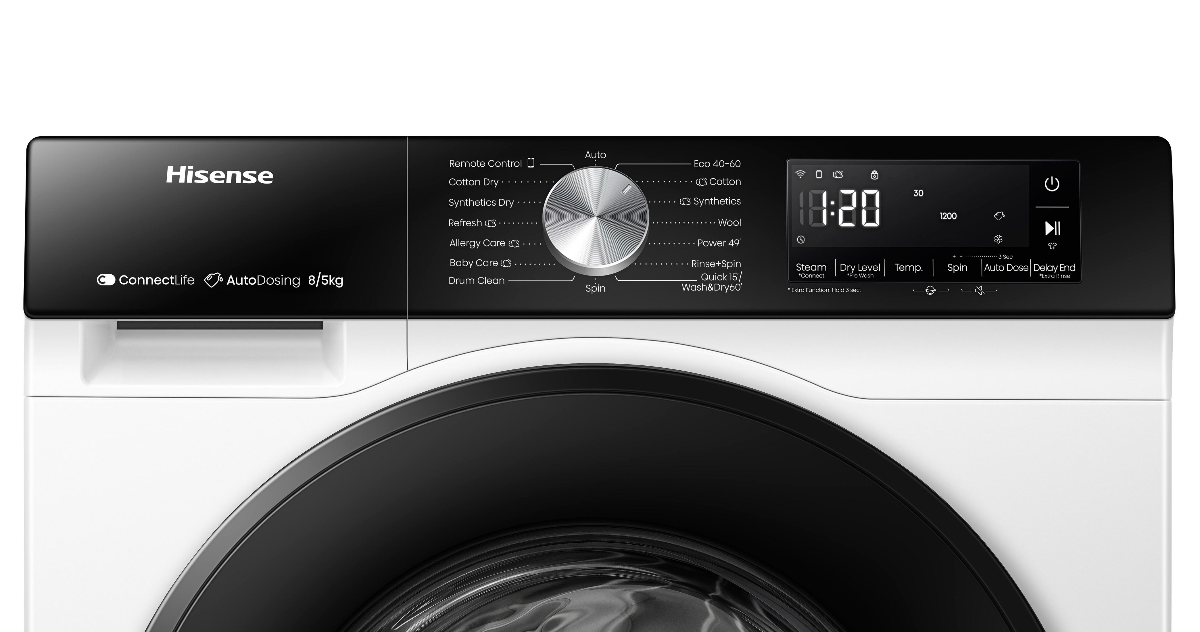 Bedienfeld einer Hisense Waschmaschine mit Drehknopf und digitaler Anzeige.