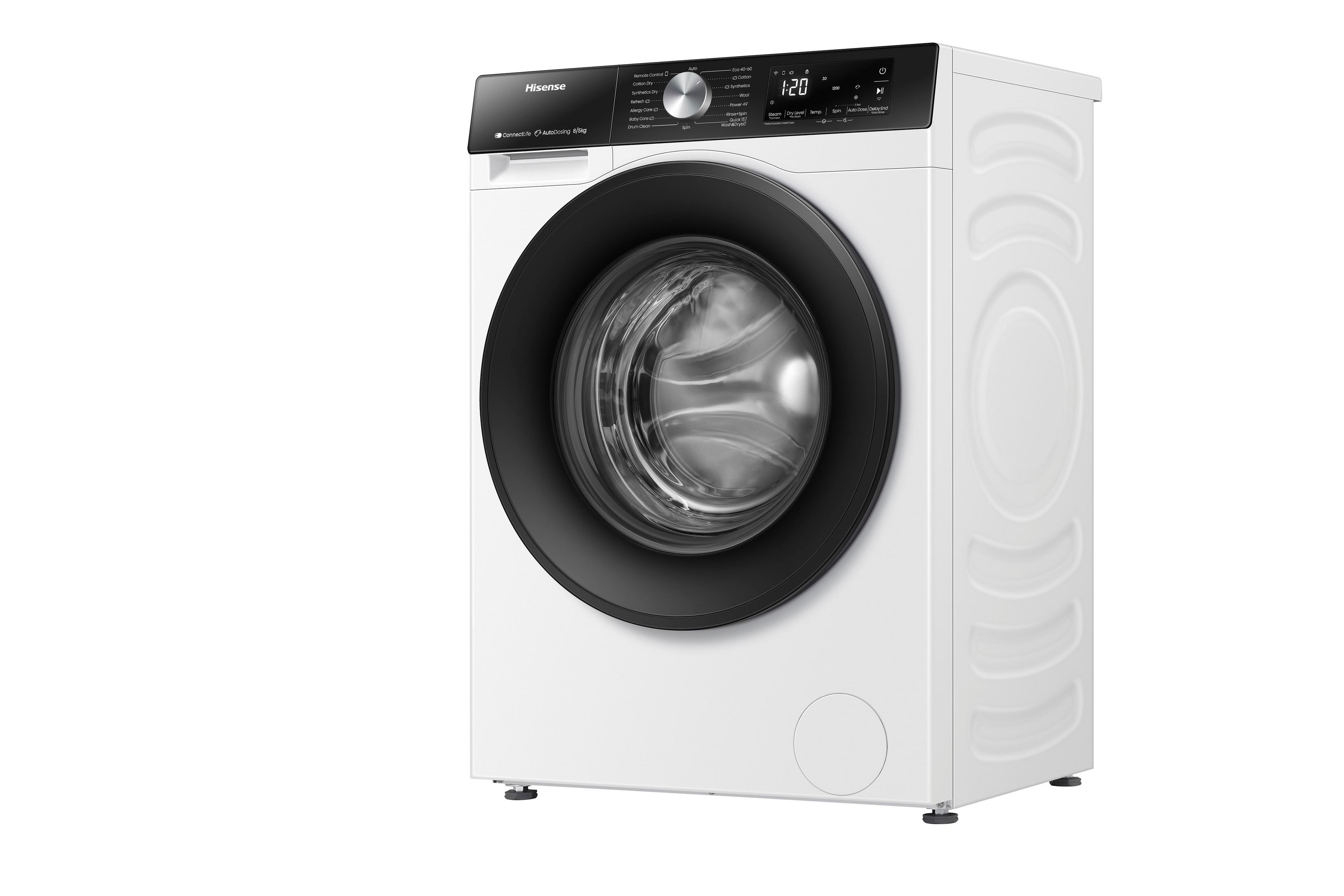 Eine weiße Hisense Waschmaschine mit schwarzer Tür und Bedienfeld.