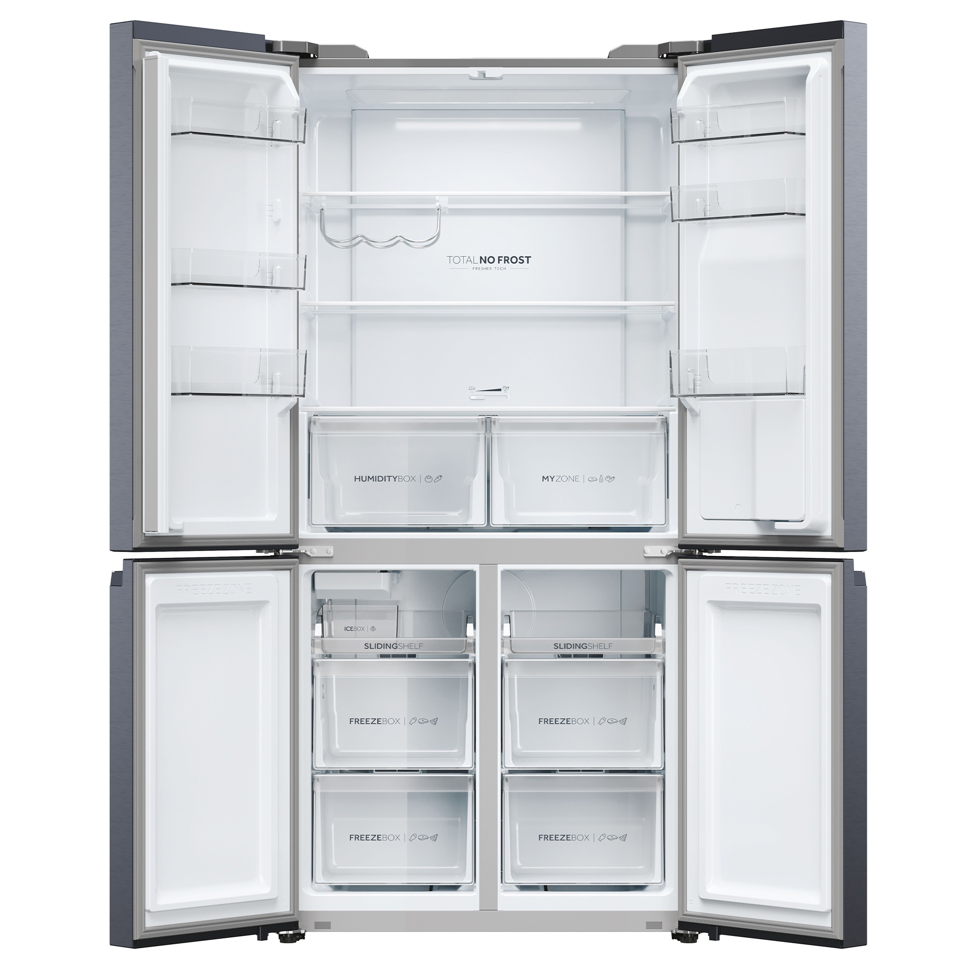 Ein offener Kühlschrank mit vier Türen, Innenbeleuchtung und mehreren Fächern.