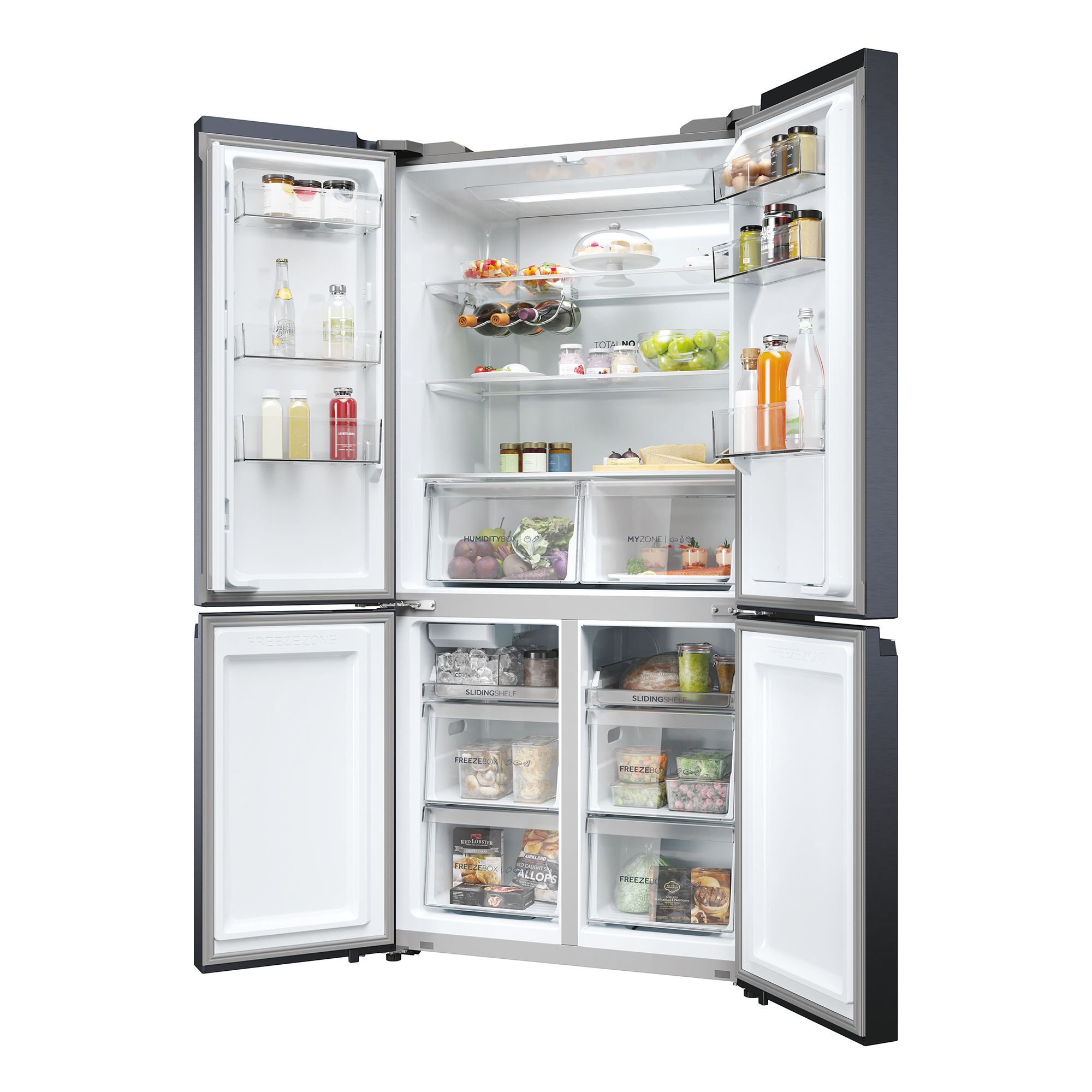 Ein offener Kühlschrank mit Lebensmitteln auf den Regalen und in den Schubladen.