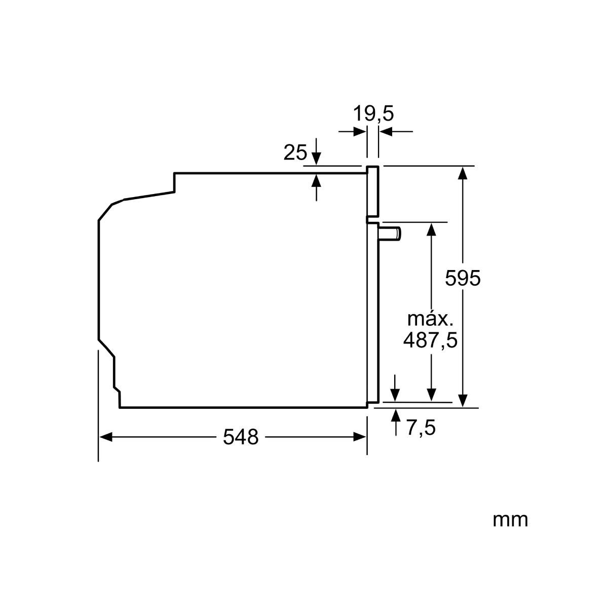 Dibujo técnico con dimensiones para electrodomésticos empotrados, AnxAl 548x595 mm.