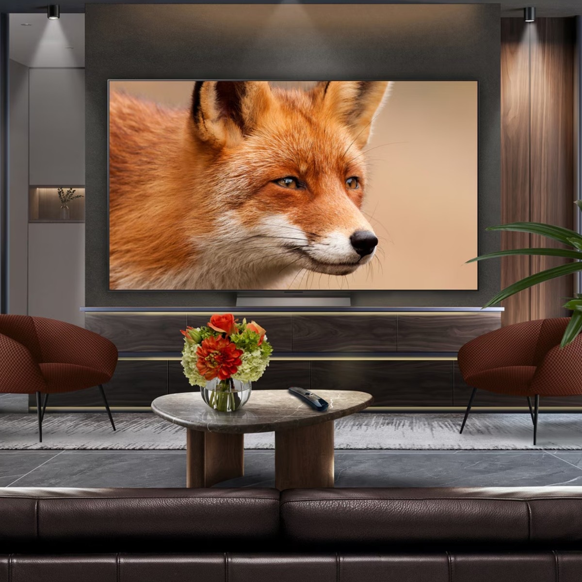 A fox portrait on a large TV in a modern living room.