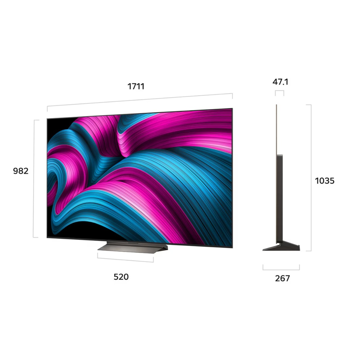 A modern TV displaying an abstract pattern of blue and pink. Dimensions are shown.
