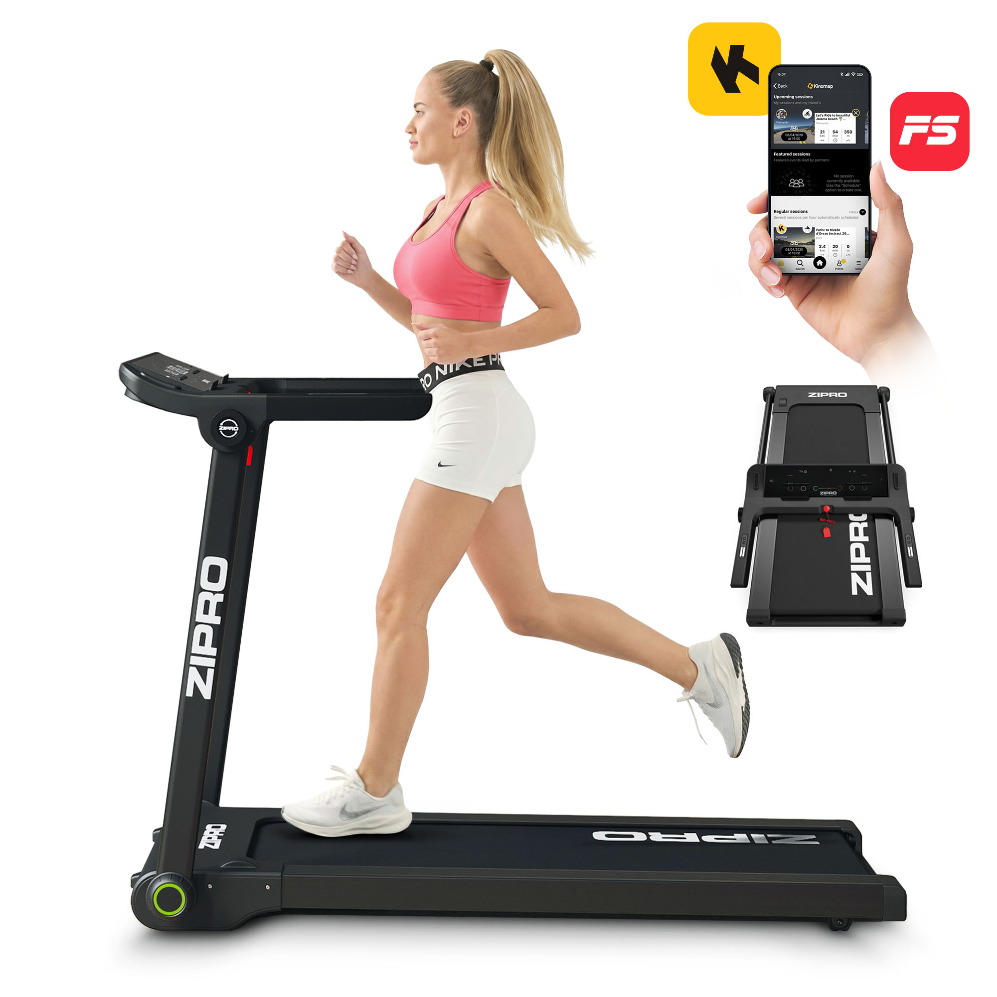 Eine Frau läuft auf einem Laufband, daneben eine Handy-App und ein zusammengeklapptes Laufband.