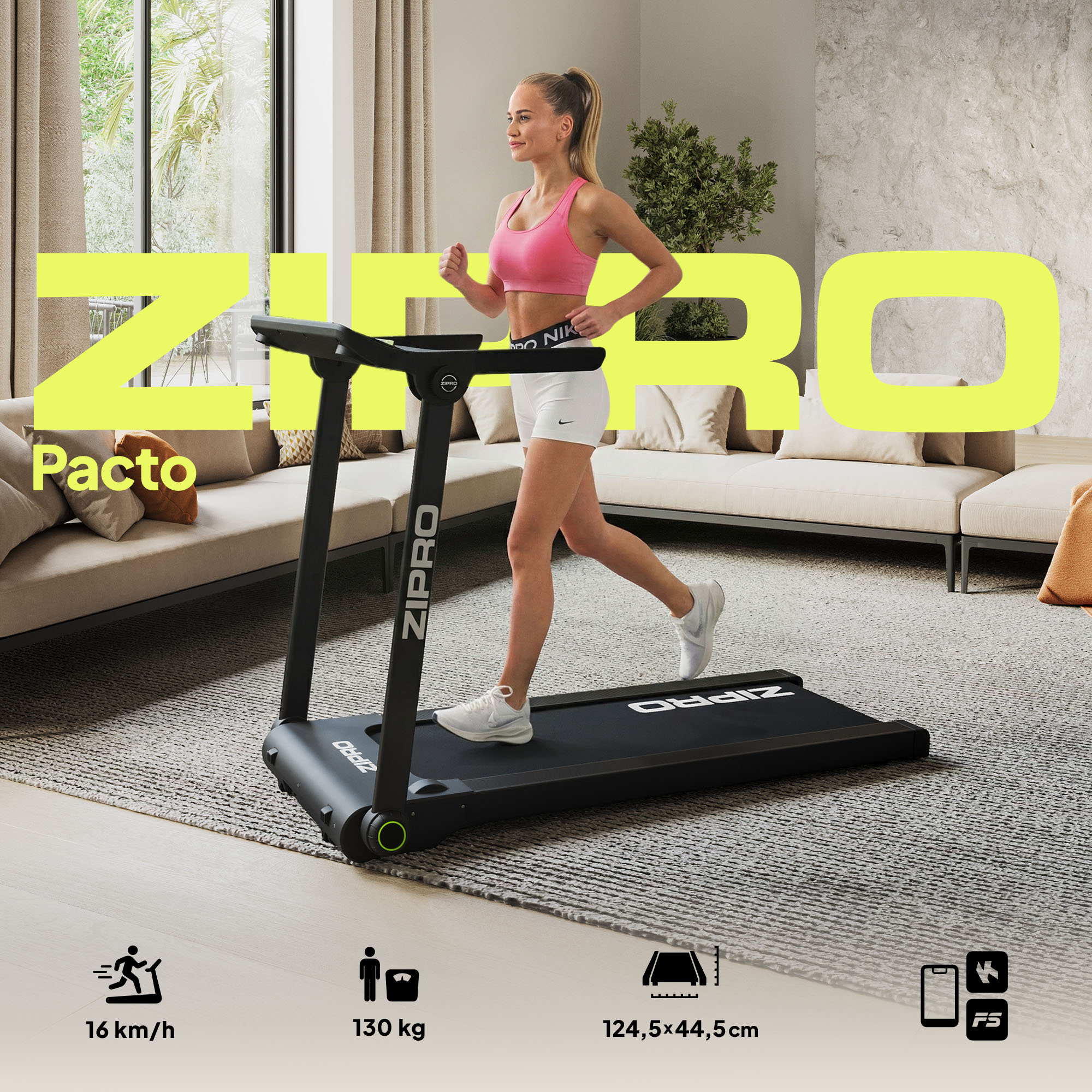 Frau läuft auf einem Laufband im Wohnzimmer. "ZIPRO" ist groß geschrieben.