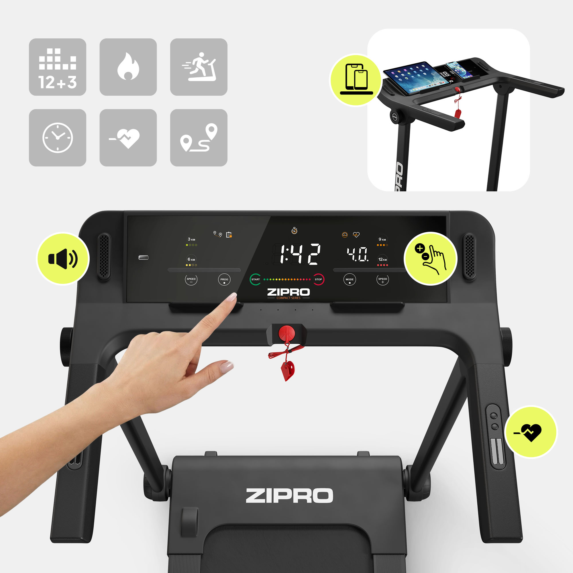 Ein Laufband mit digitalem Display, das Zeit, Geschwindigkeit und Distanz anzeigt.