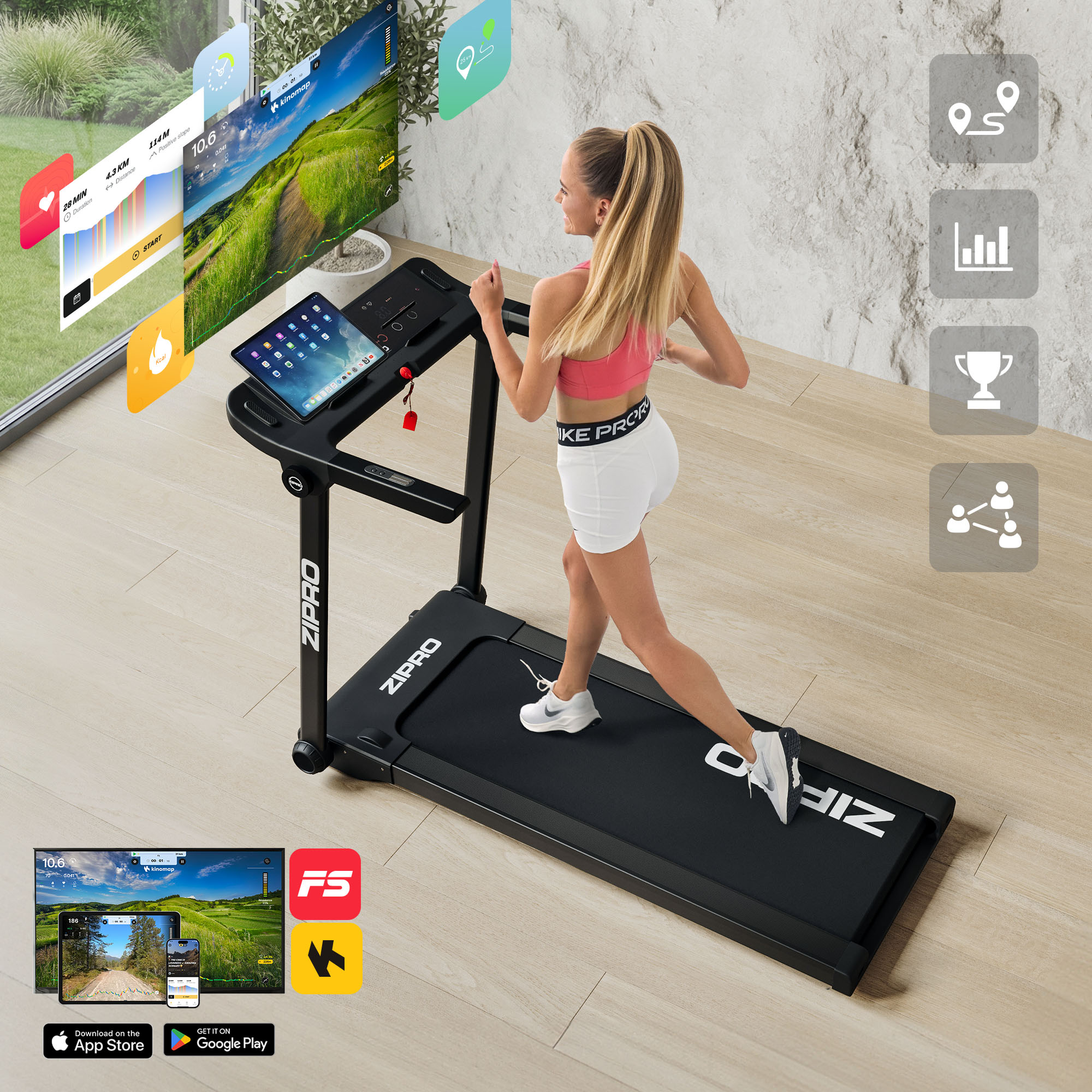 Eine Frau läuft auf einem Laufband, das mit einer App verbunden ist.