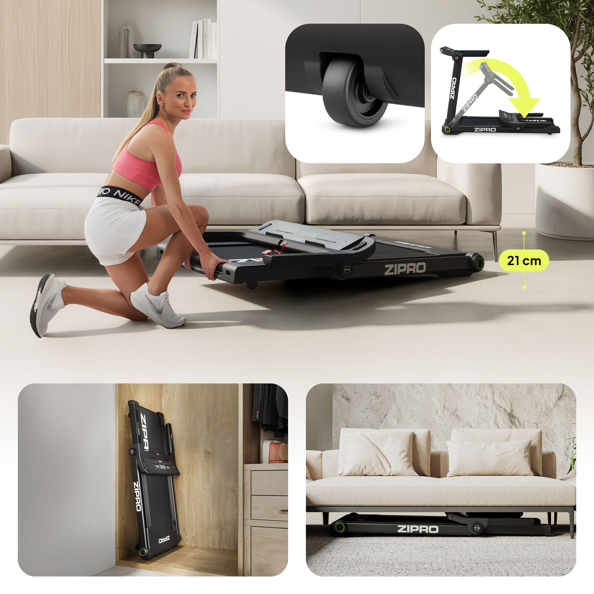 Frau kniet neben einem zusammenklappbaren Laufband im Wohnzimmer. Details zeigen Rad und Klappmechanismus.