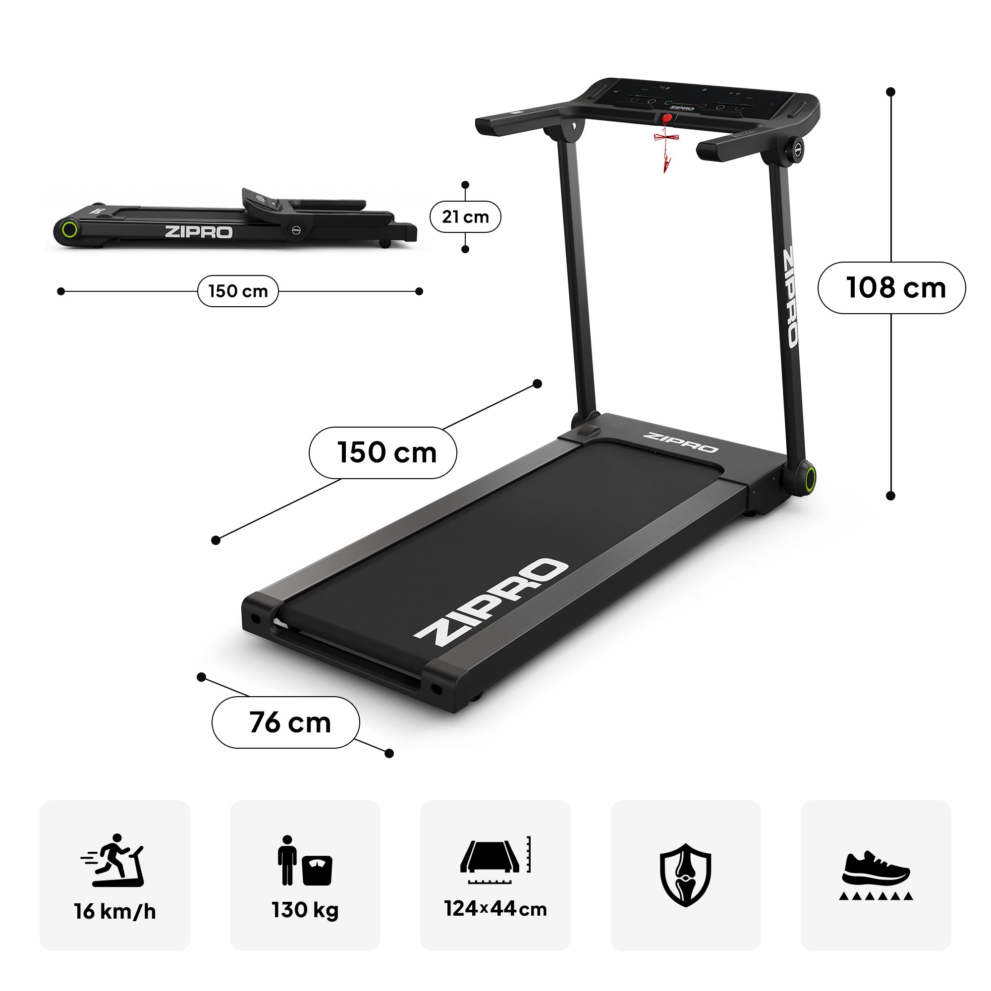 Ein schwarzes ZIPRO Laufband mit Maßen und Symbolen für Geschwindigkeit und Gewicht.
