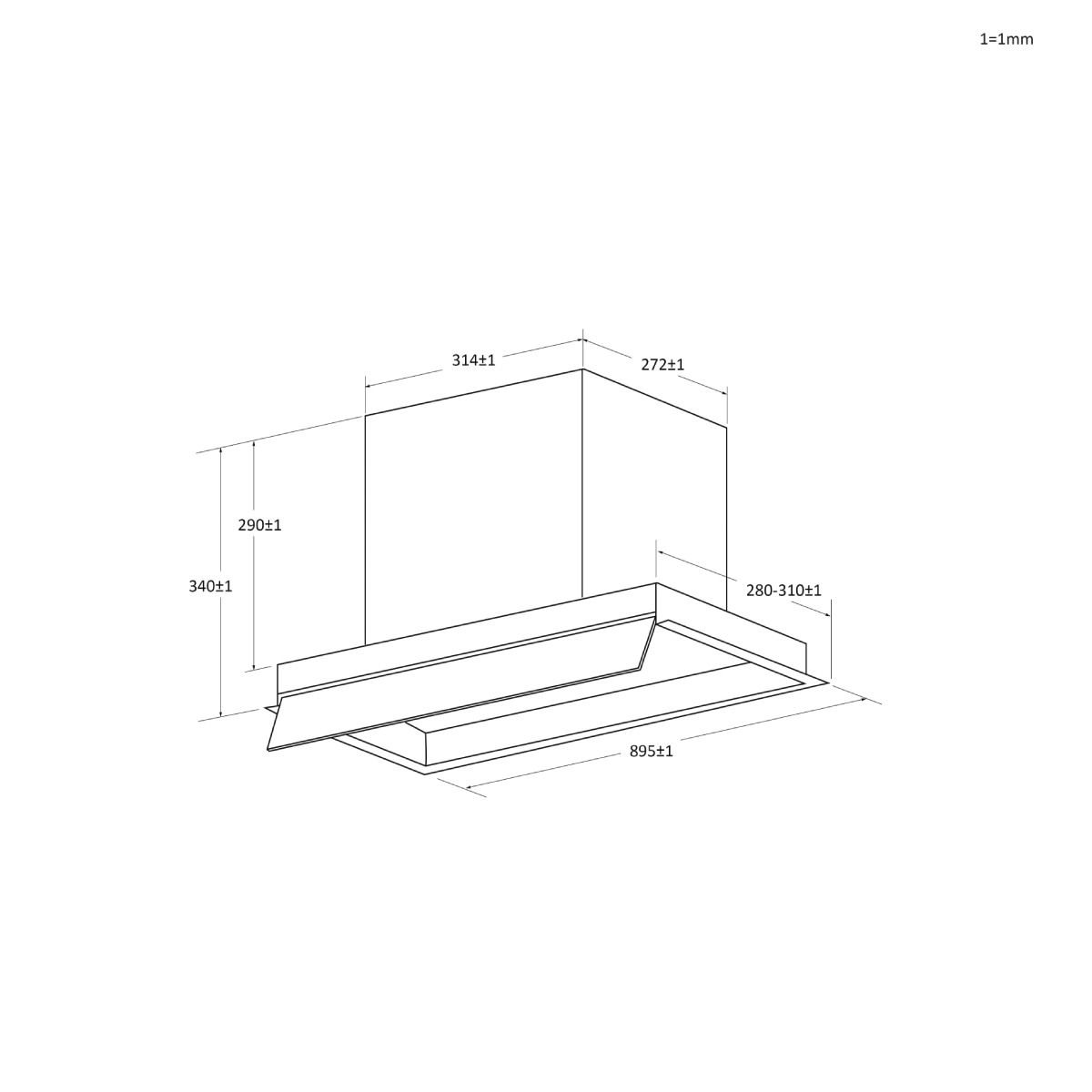 Dibujo técnico de una campana extractora con dimensiones.