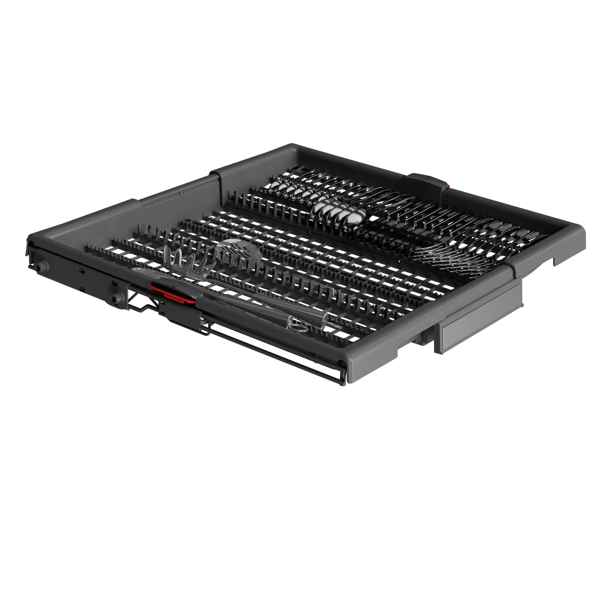 Ein grauer Geschirrkorb mit sauberem Besteck und Küchenutensilien.