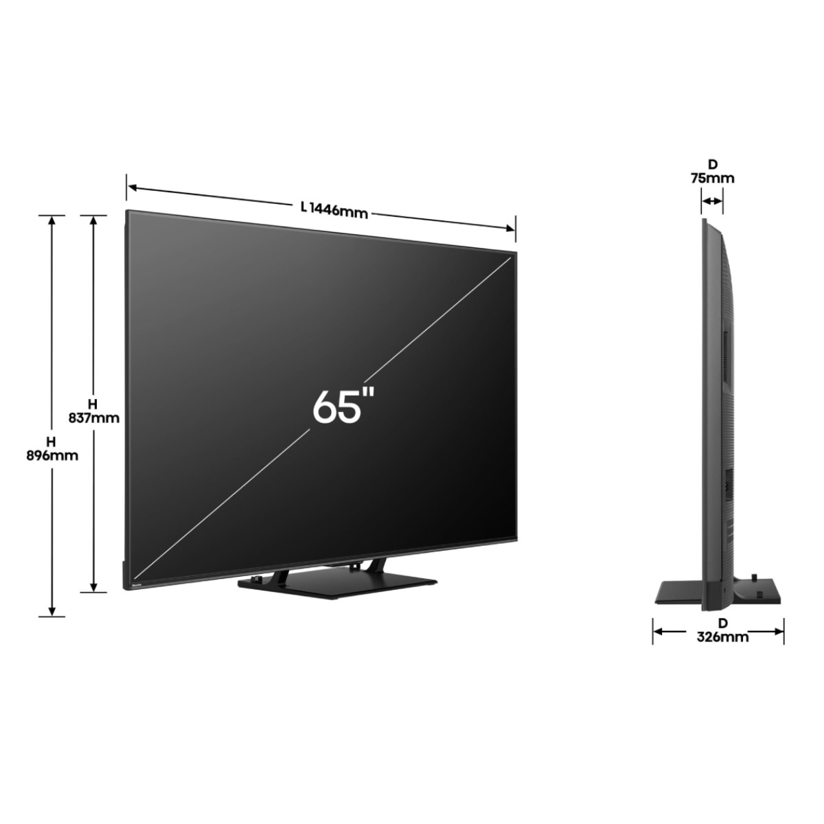 Ein 65-Zoll-Fernseher mit Maßen L 1446mm, H 896mm, D 75mm.