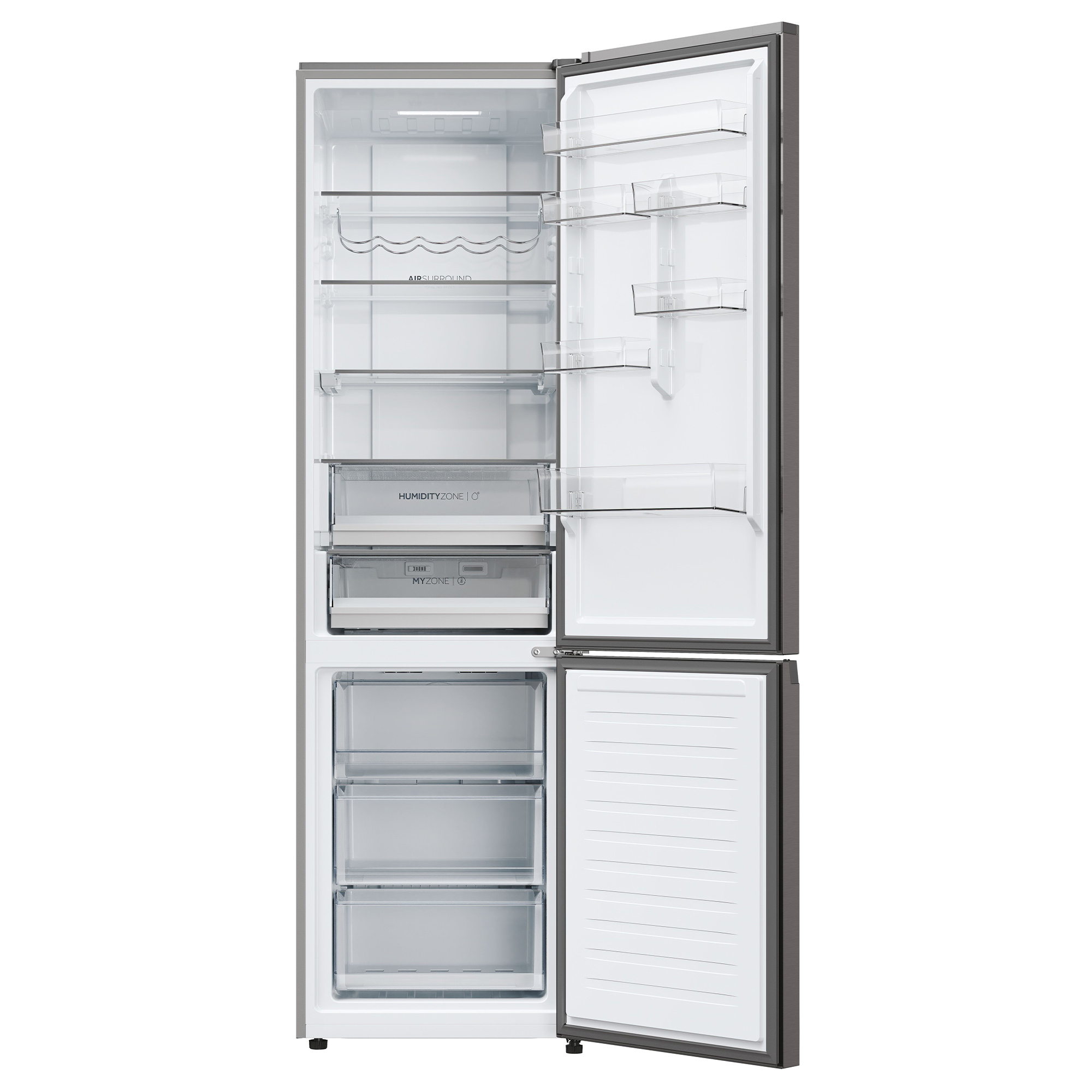 Refrigerador abierto con estantes de vidrio, cajones y botellero. Interior blanco.