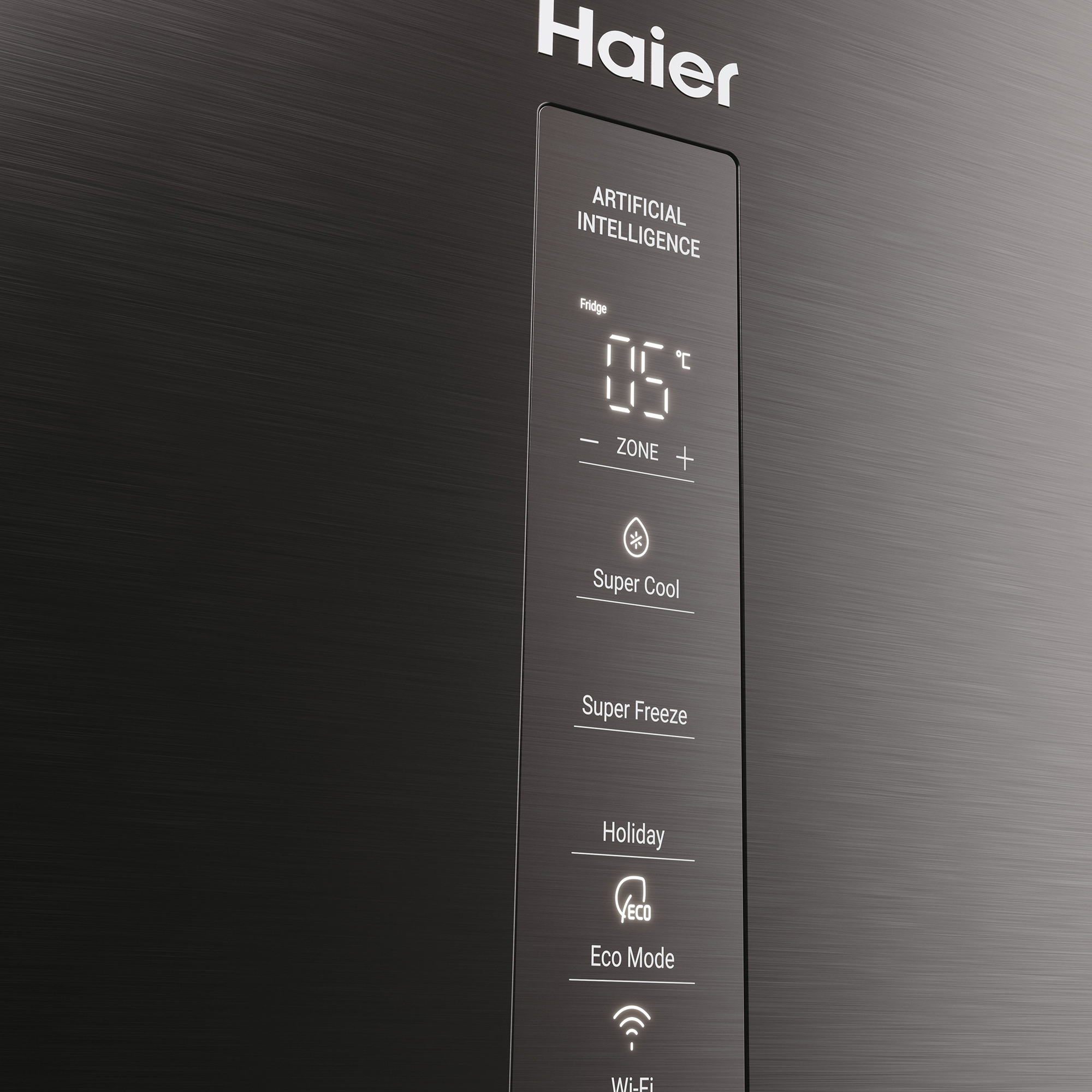Panel de control Haier con pantalla IA, temp 5°C, Super Cool, Super Freeze.
