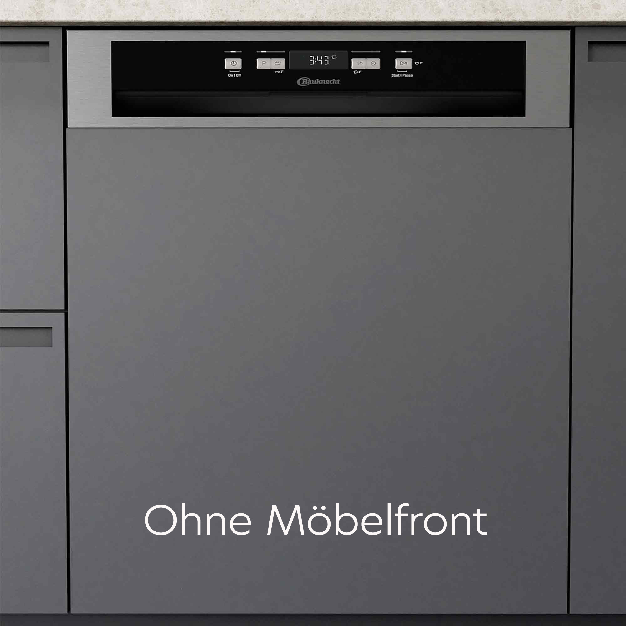Grauer Geschirrspüler mit silberner Bedieneinheit und digitaler Anzeige. Text: Ohne Möbelfront.
