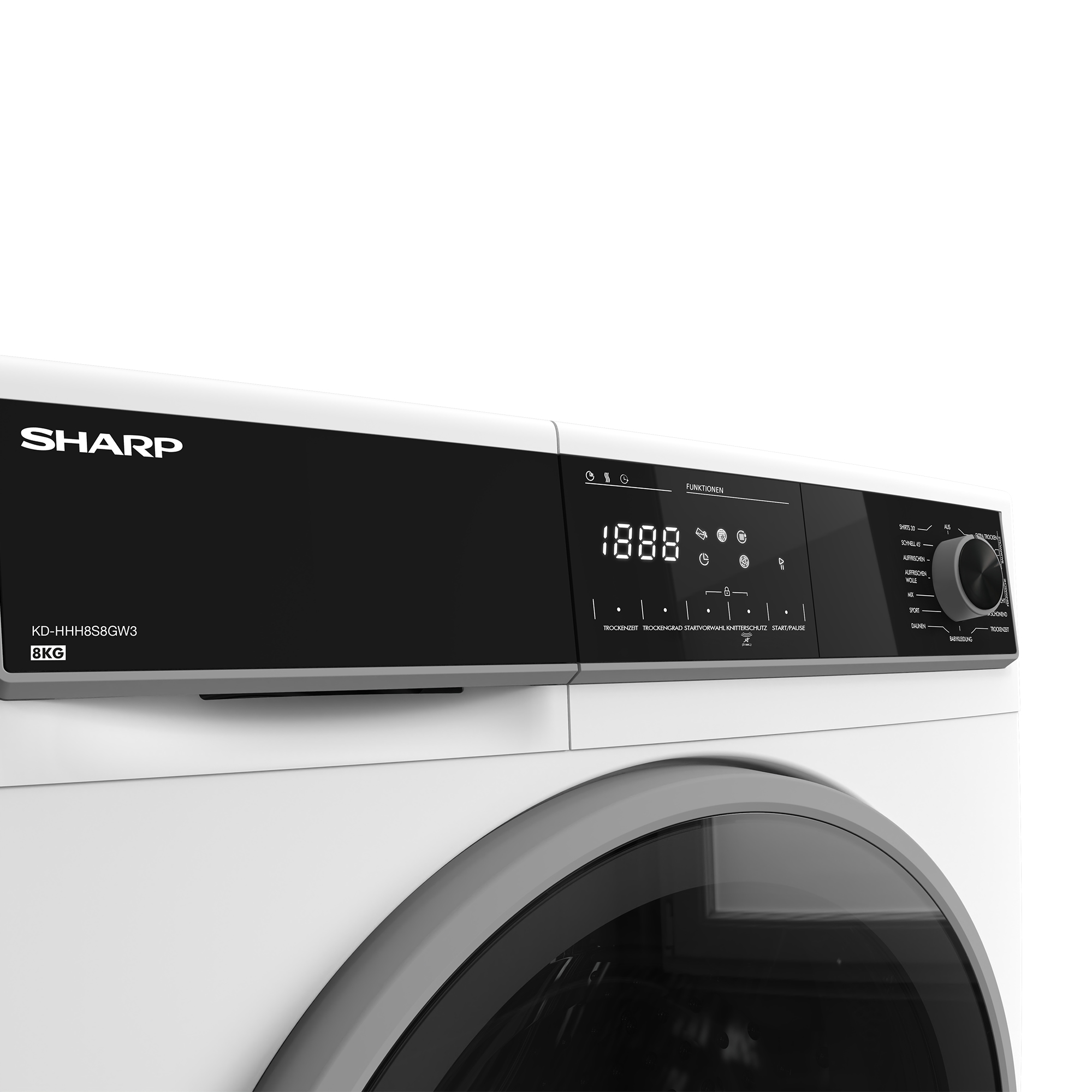Weiße Sharp Waschmaschine mit digitalem Display und Drehknopf.