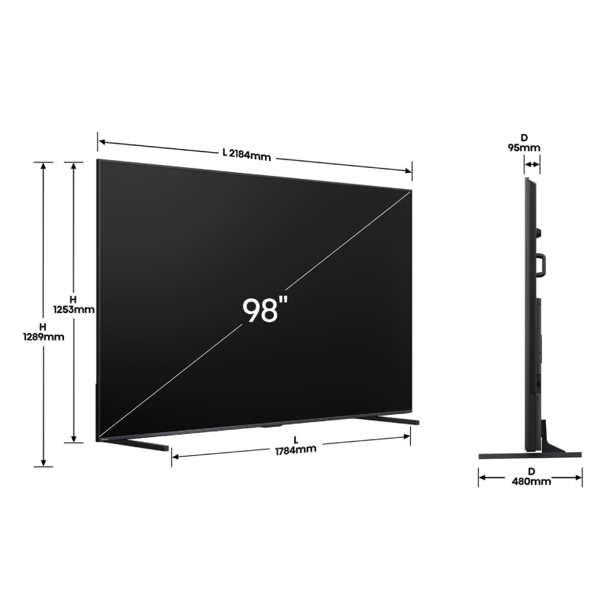 Dimensiones de un televisor de 98 pulgadas: Ancho 2184 mm, Alto 1253 mm, Profundidad 95 mm.