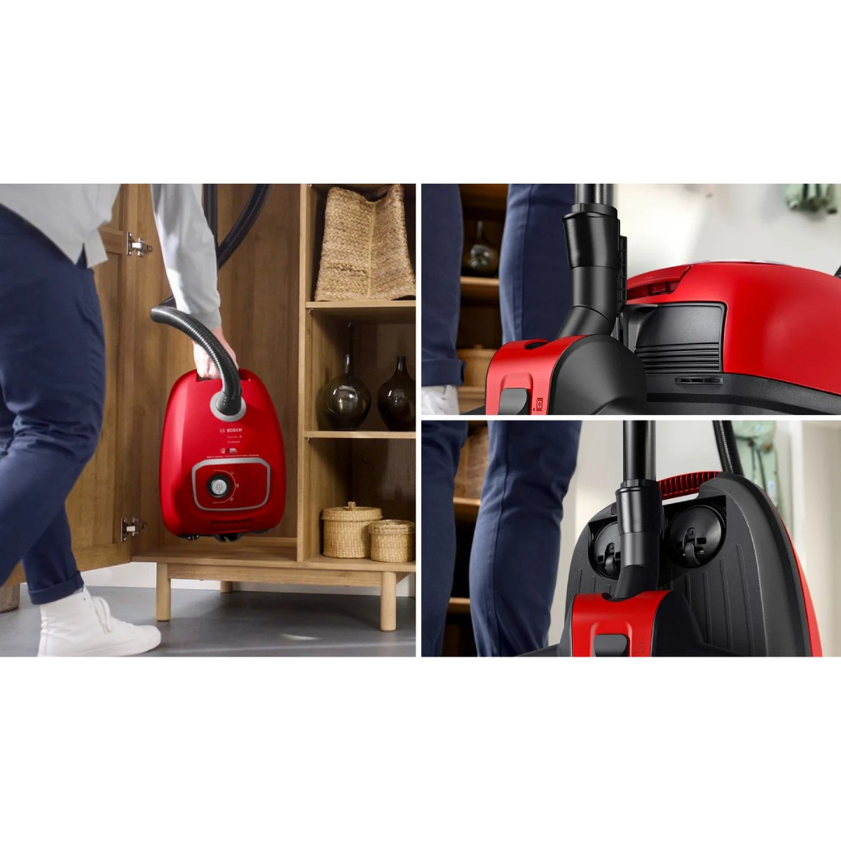 A red Bosch vacuum cleaner is being removed from a wooden cabinet.
