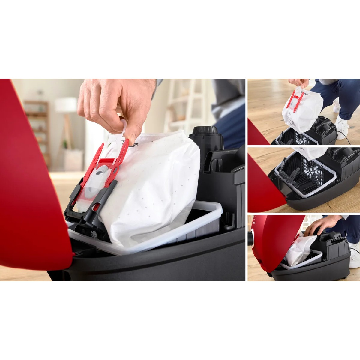 Man inserts dust bag into red vacuum cleaner. Multiple views.
