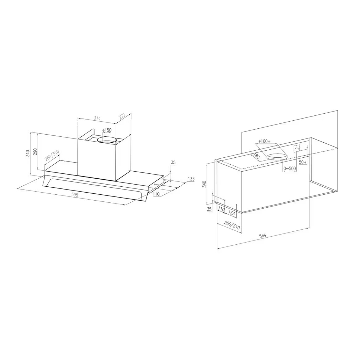 Disegno tecnico di una cappa da cucina con dimensioni.