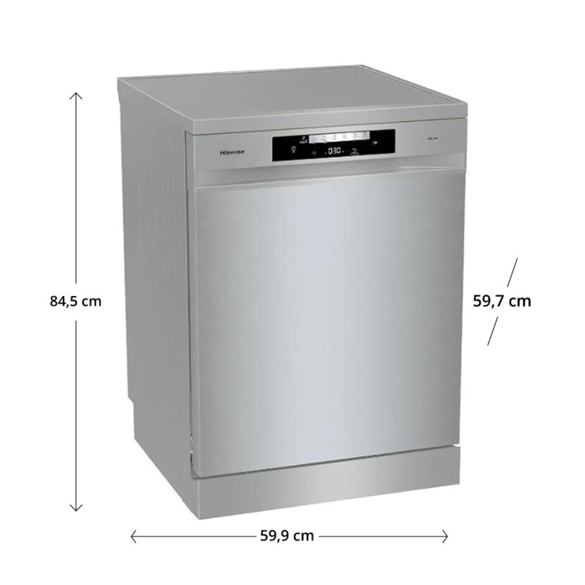 Lavastoviglie argento con display digitale e dimensioni: 84,5 cm A, 59,7 cm P, 59,9 cm L.