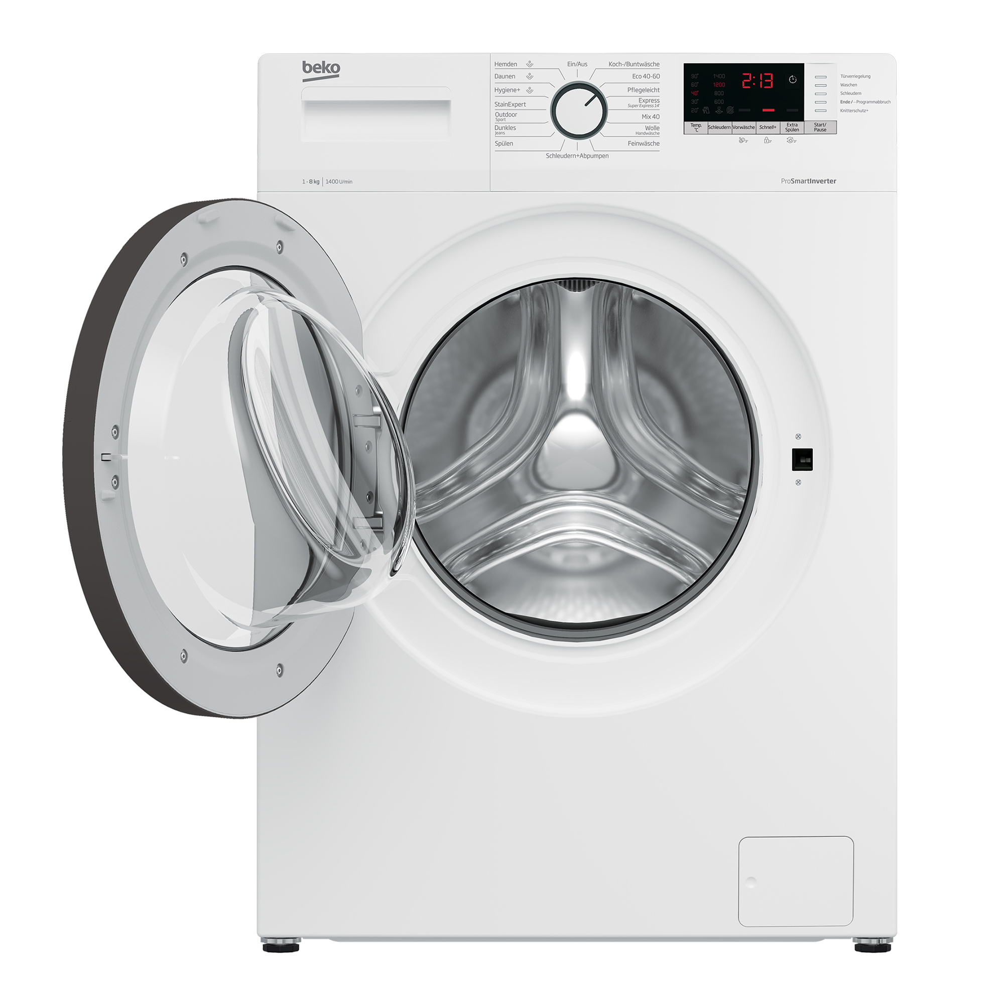 Eine weiße Beko Waschmaschine mit geöffneter Tür und silberner Trommel.