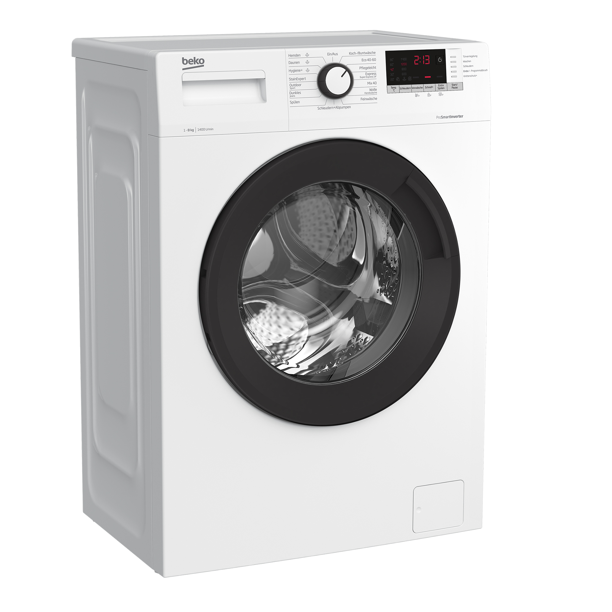 Eine weiße Beko Waschmaschine mit schwarzer Tür und Bedienfeld.