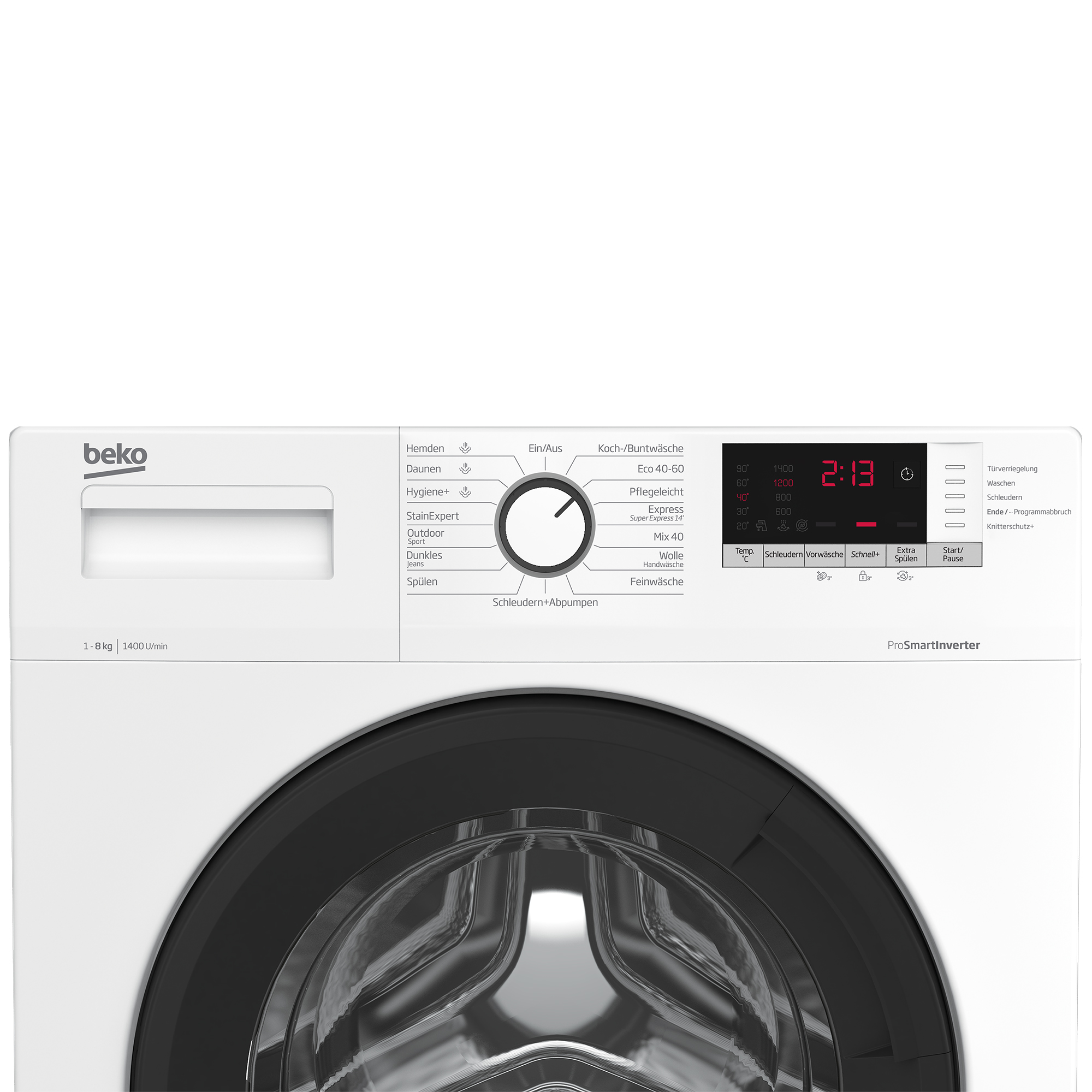 Beko Waschmaschine mit digitaler Anzeige und Programmwahlrad. Beladungskapazität 1-8 kg.