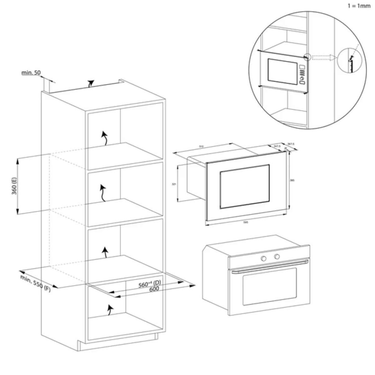 Technische tekening met inbouwmaten voor een inbouwoven en magnetron.