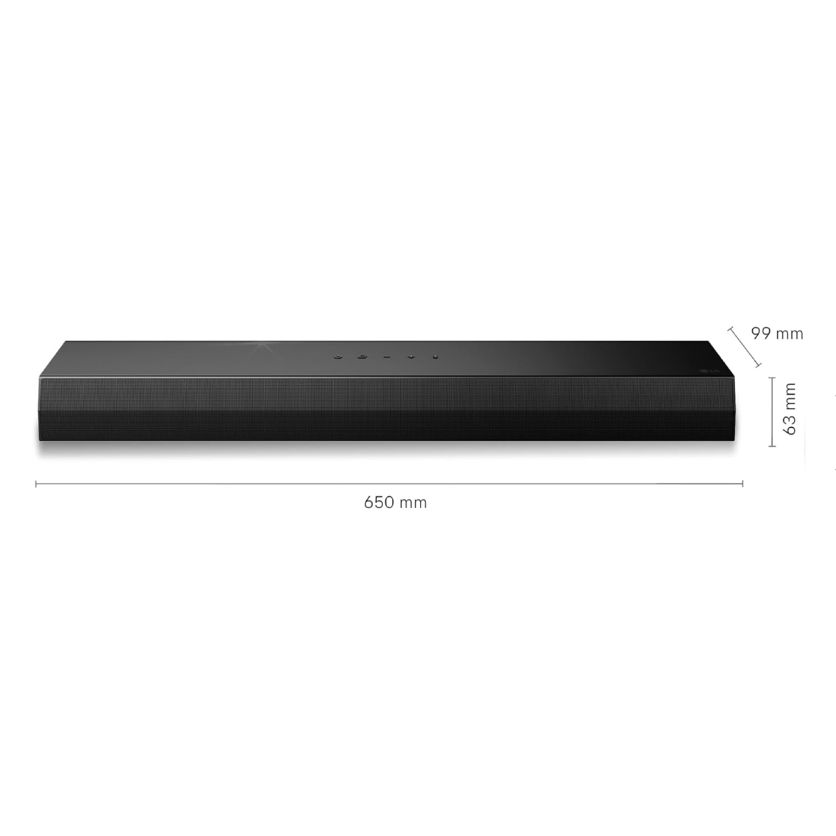 Schwarzer Soundbar mit Maßen 650mm x 99mm x 63mm.