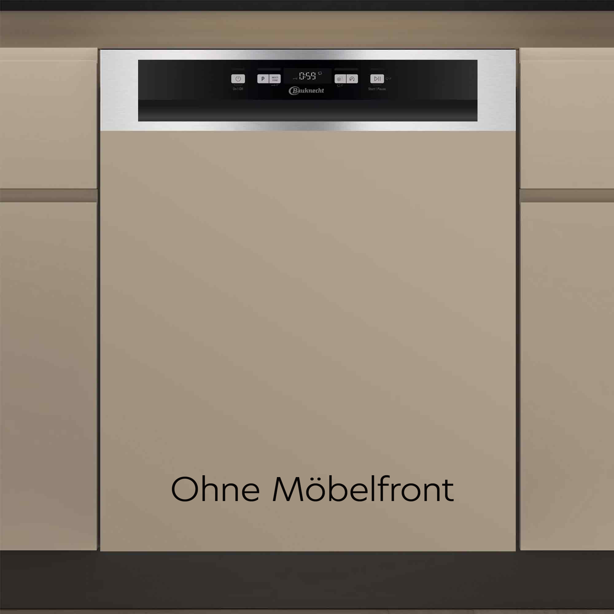 Eine Spülmaschine mit silberner Bedienblende und einem digitalen Display.