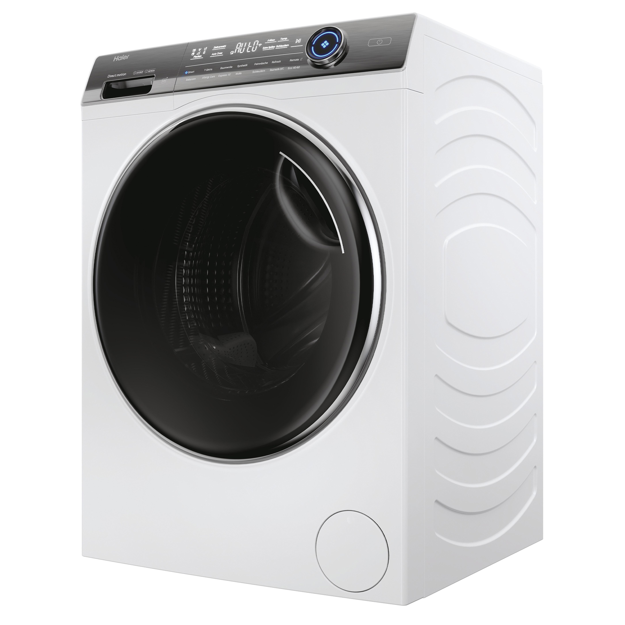 Eine weiße Haier Waschmaschine mit schwarzer Tür und Bedienfeld.