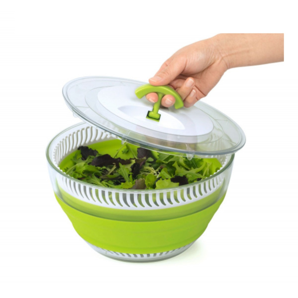 Centrifuga per insalata con manico verde e lattuga in ciotola trasparente.