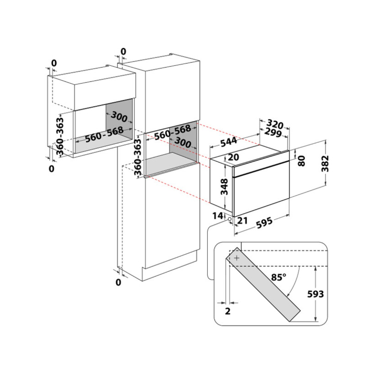 Disegno tecnico con dimensioni per elettrodomestici da incasso, misure in mm.