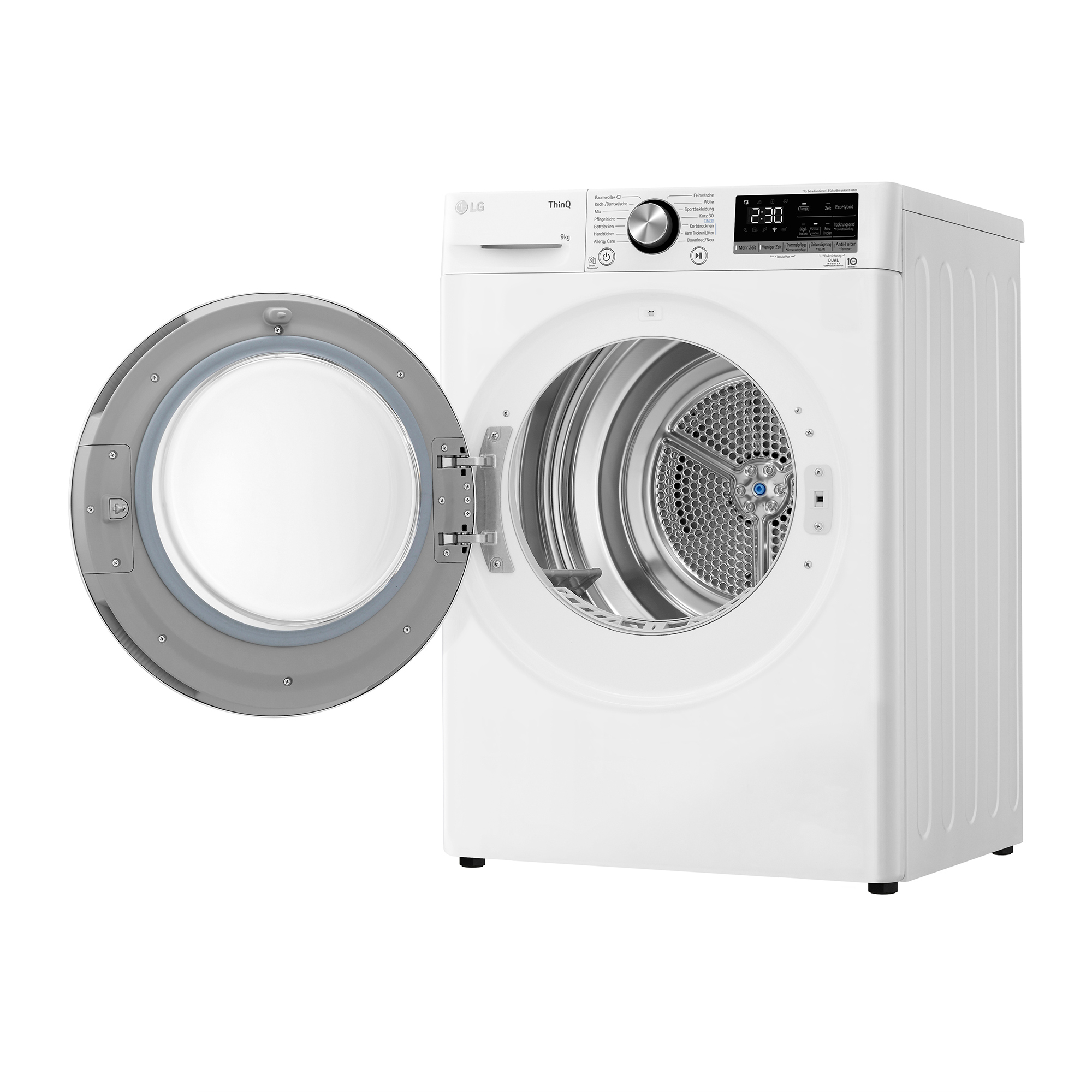 Eine weiße LG-Wäschetrocknermaschine mit geöffneter Tür und Bedienfeld.