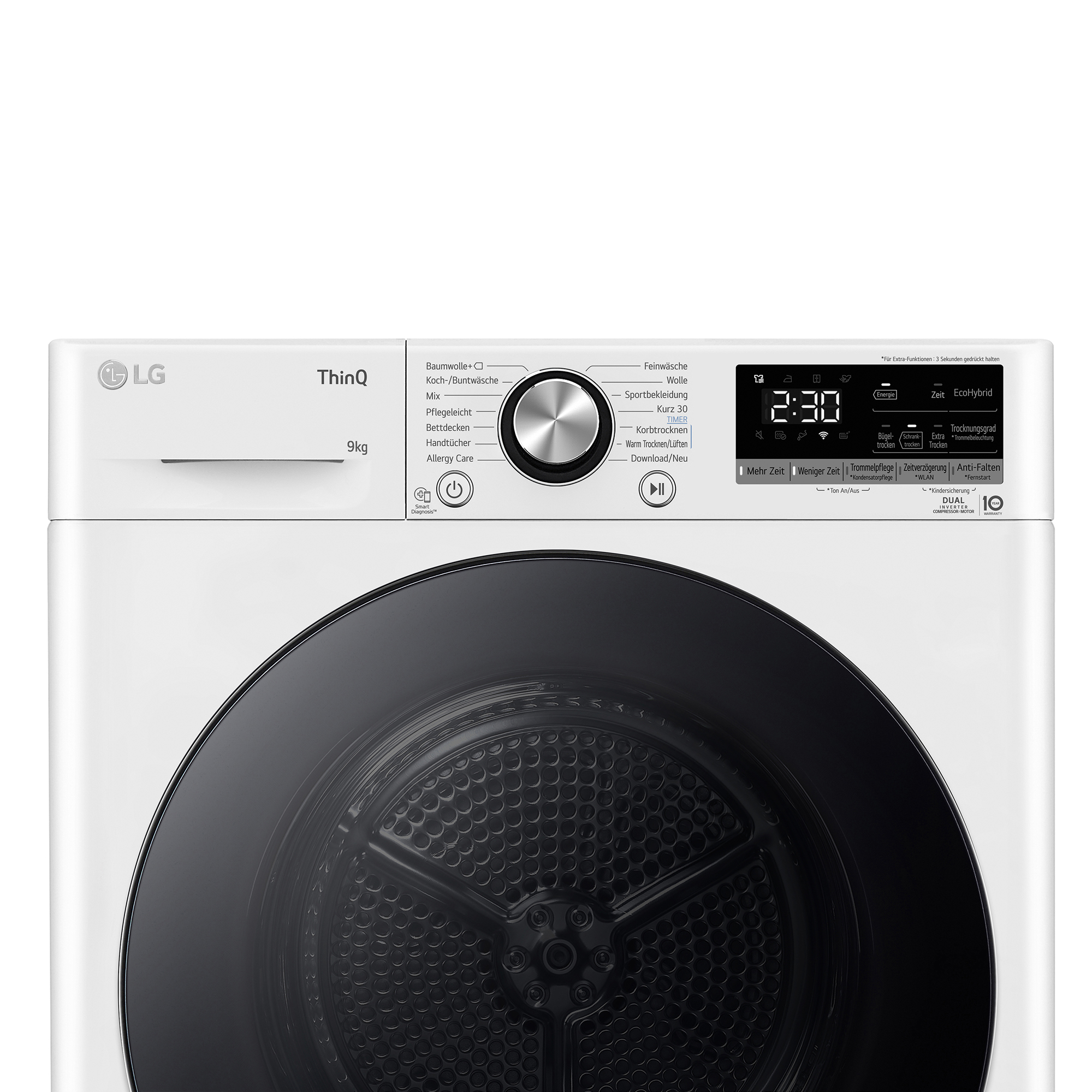 Eine weiße LG Waschmaschine mit Bedienfeld, Trommel und digitaler Anzeige.
