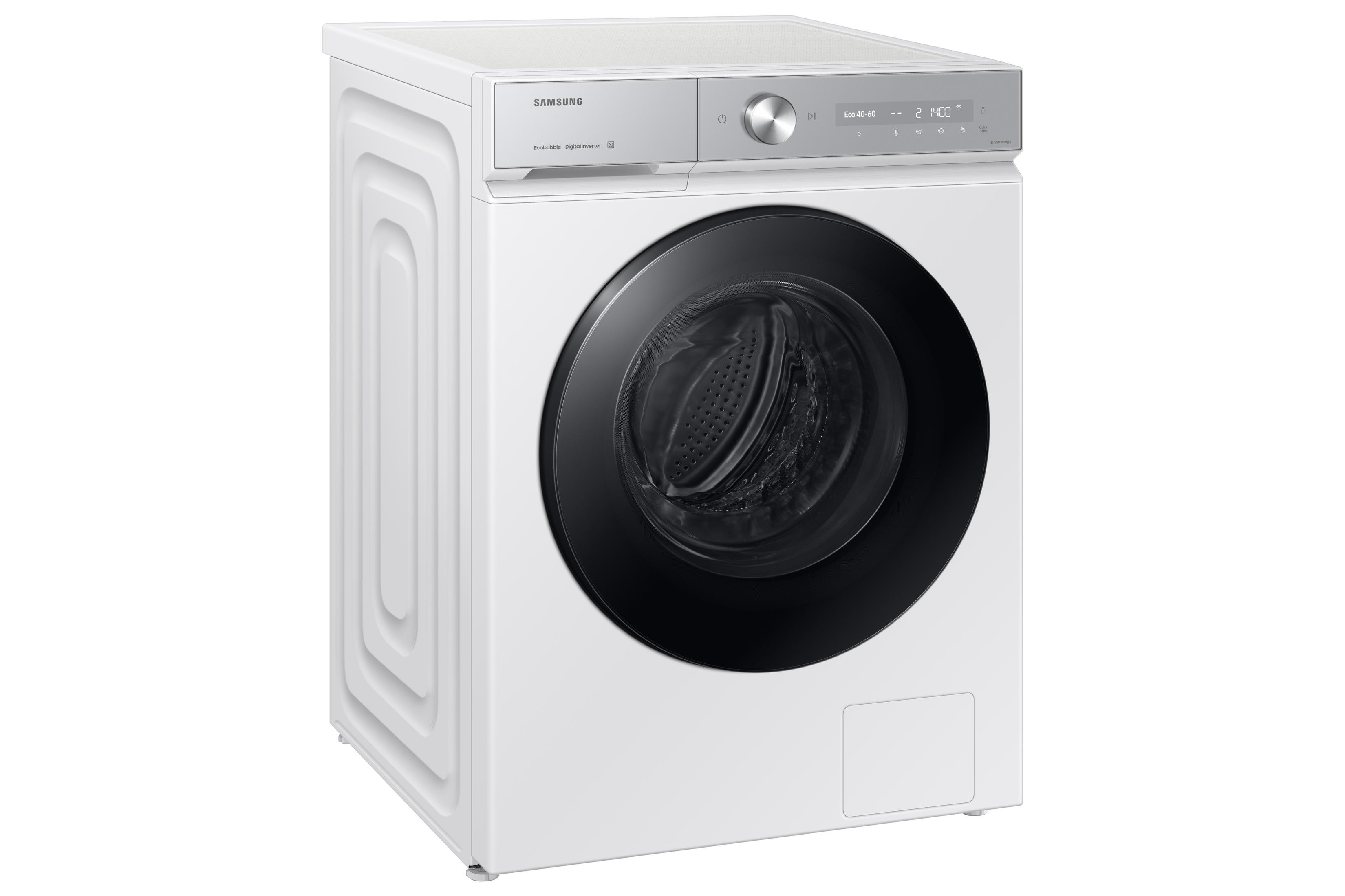 A white Samsung washing machine with a silver control panel and a round black door.