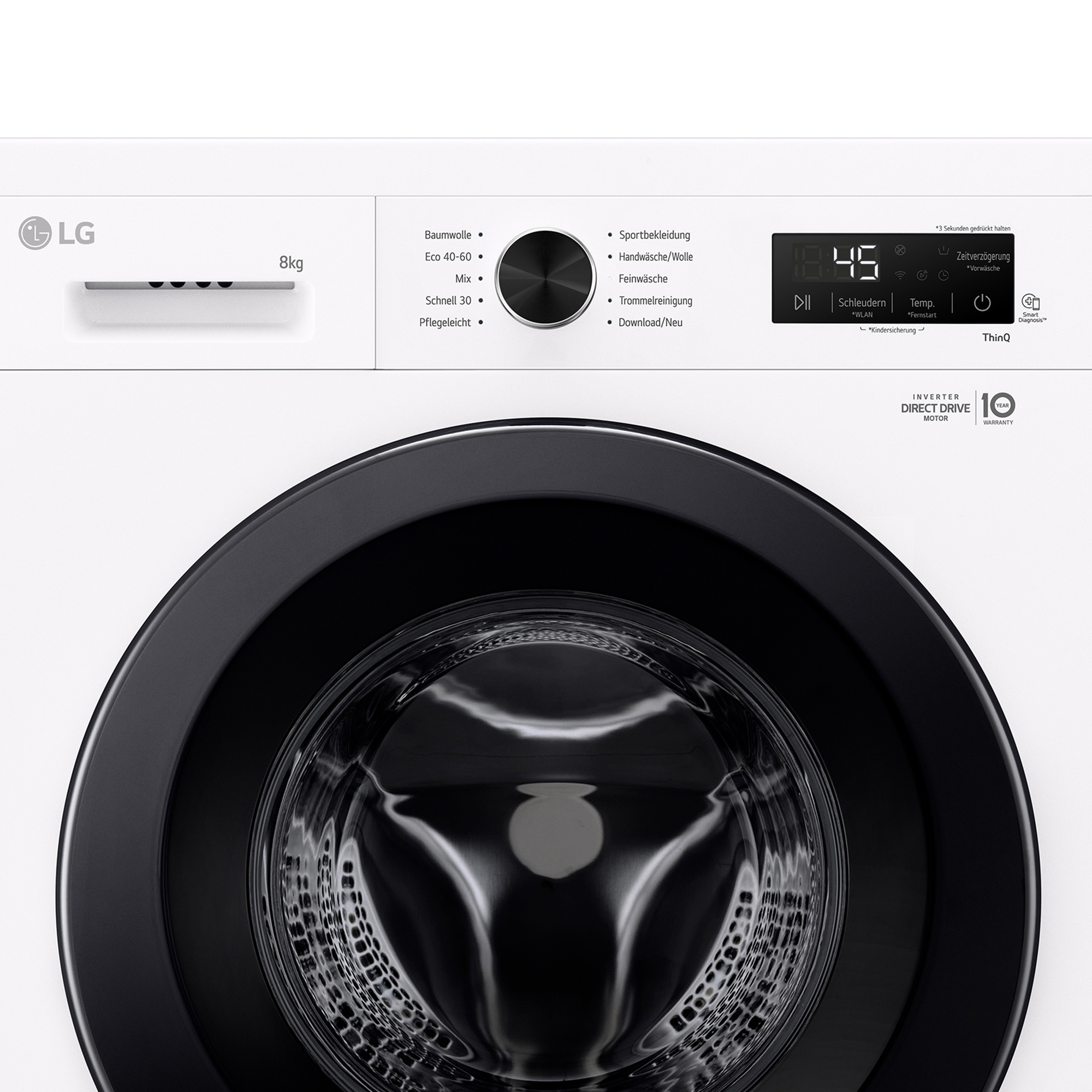 Eine weiße LG Waschmaschine mit schwarzer Tür und Bedienfeld. 8kg Kapazität.