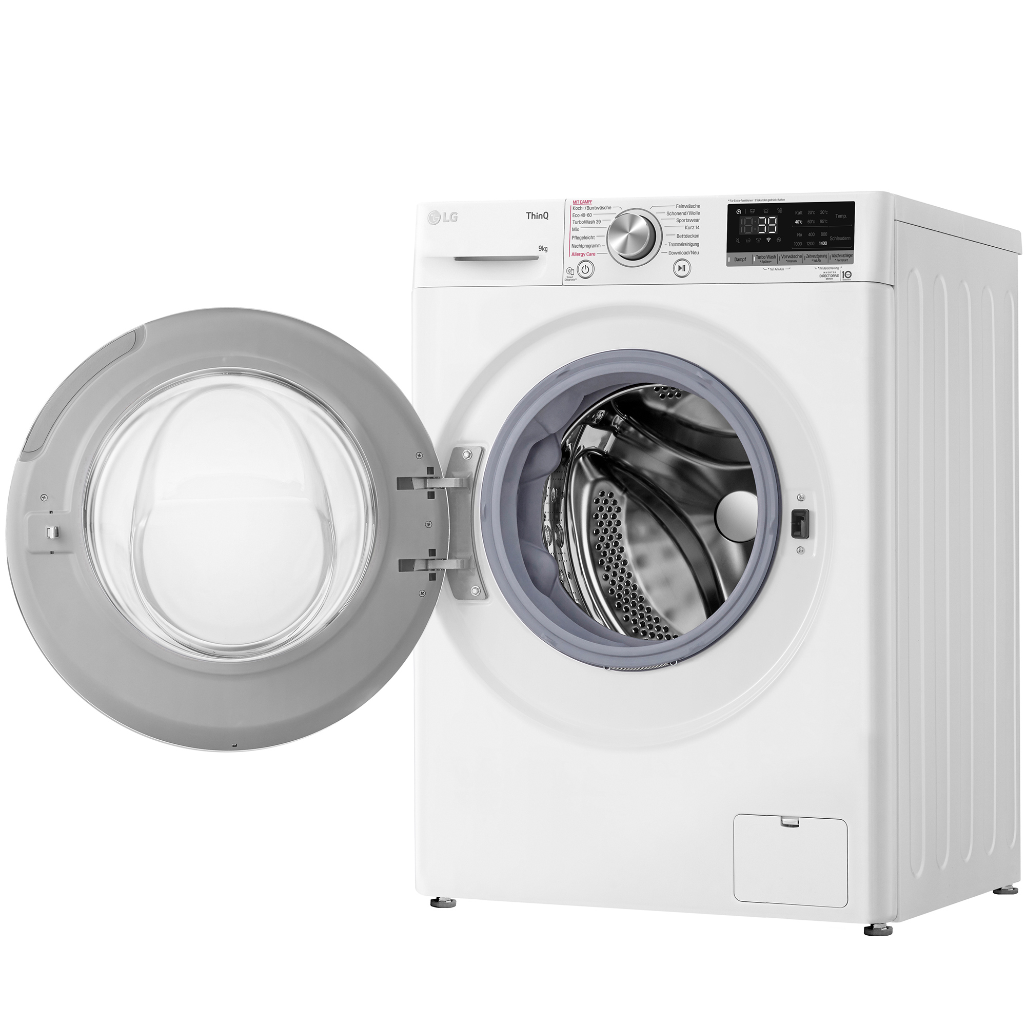 Eine weiße LG Waschmaschine mit geöffneter Tür und silbernem Rand.