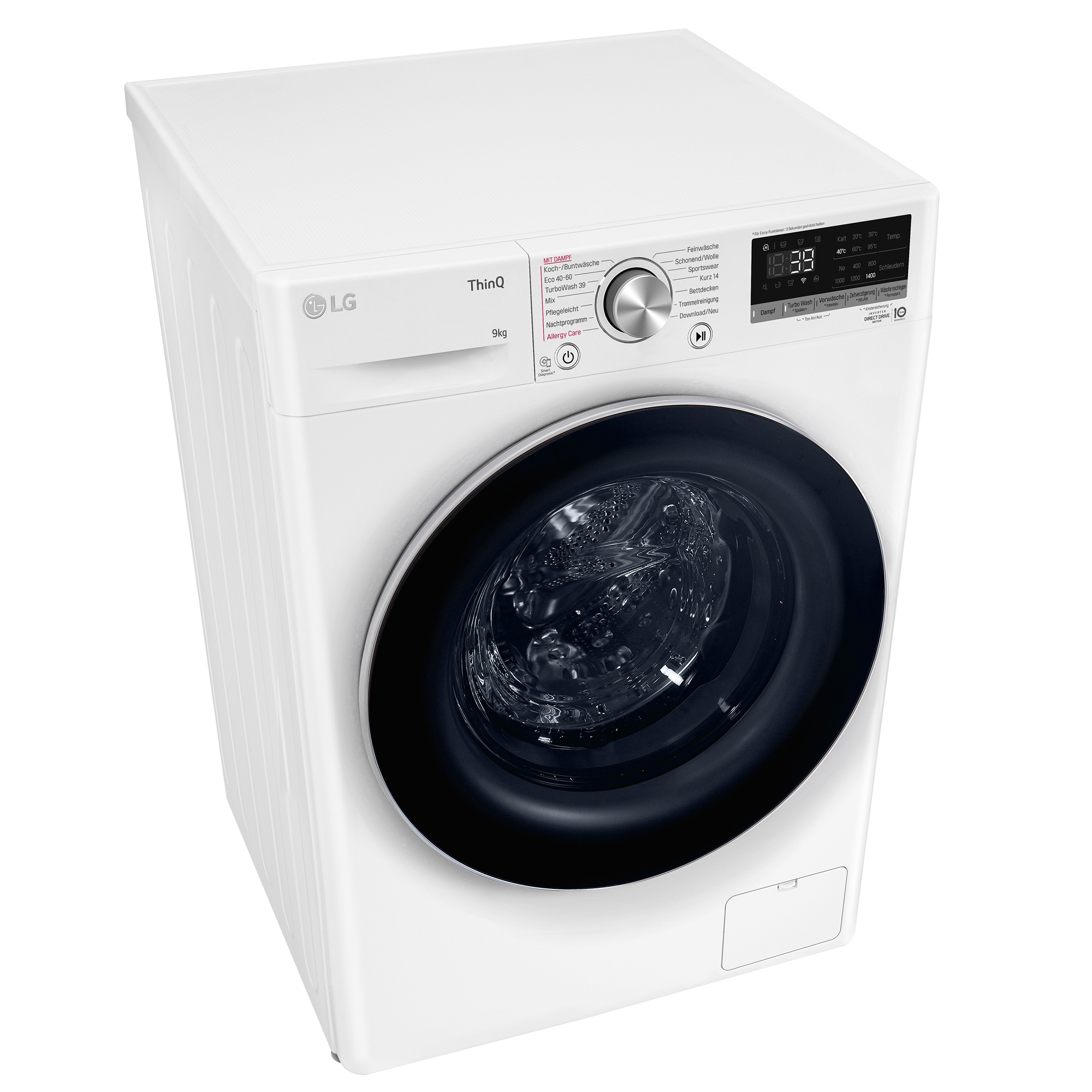Eine weiße LG Waschmaschine mit 9 kg Fassungsvermögen und digitalem Bedienfeld.