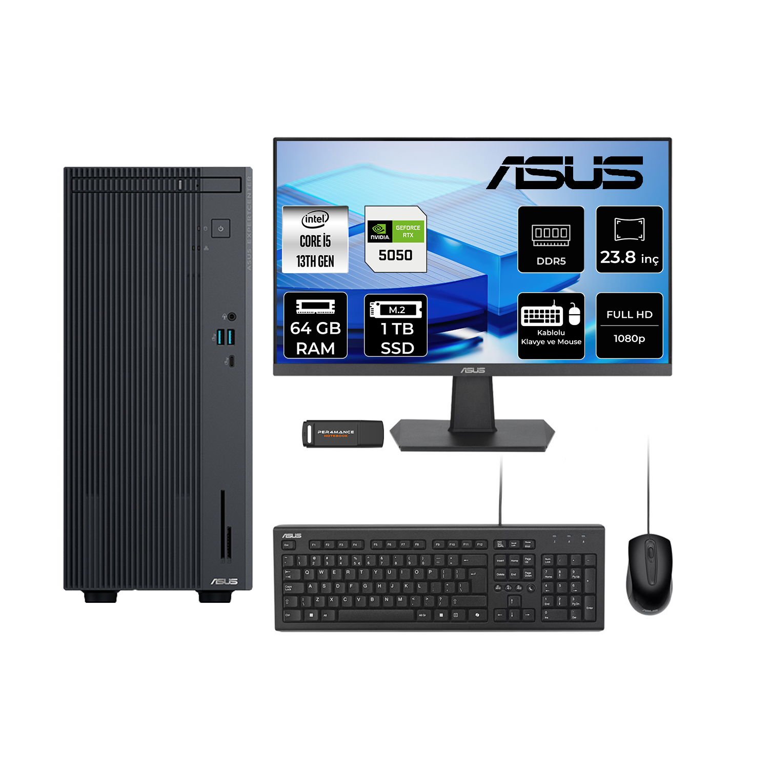 ASUS EC P500MV RTX5050 8 GB 23.8" P500I513428512B0DP734 PER4 Bellek Intel Core i5-13420H 64 GB RAM 1 TB SSD FreeDOS Masaüstü Bilgisayar