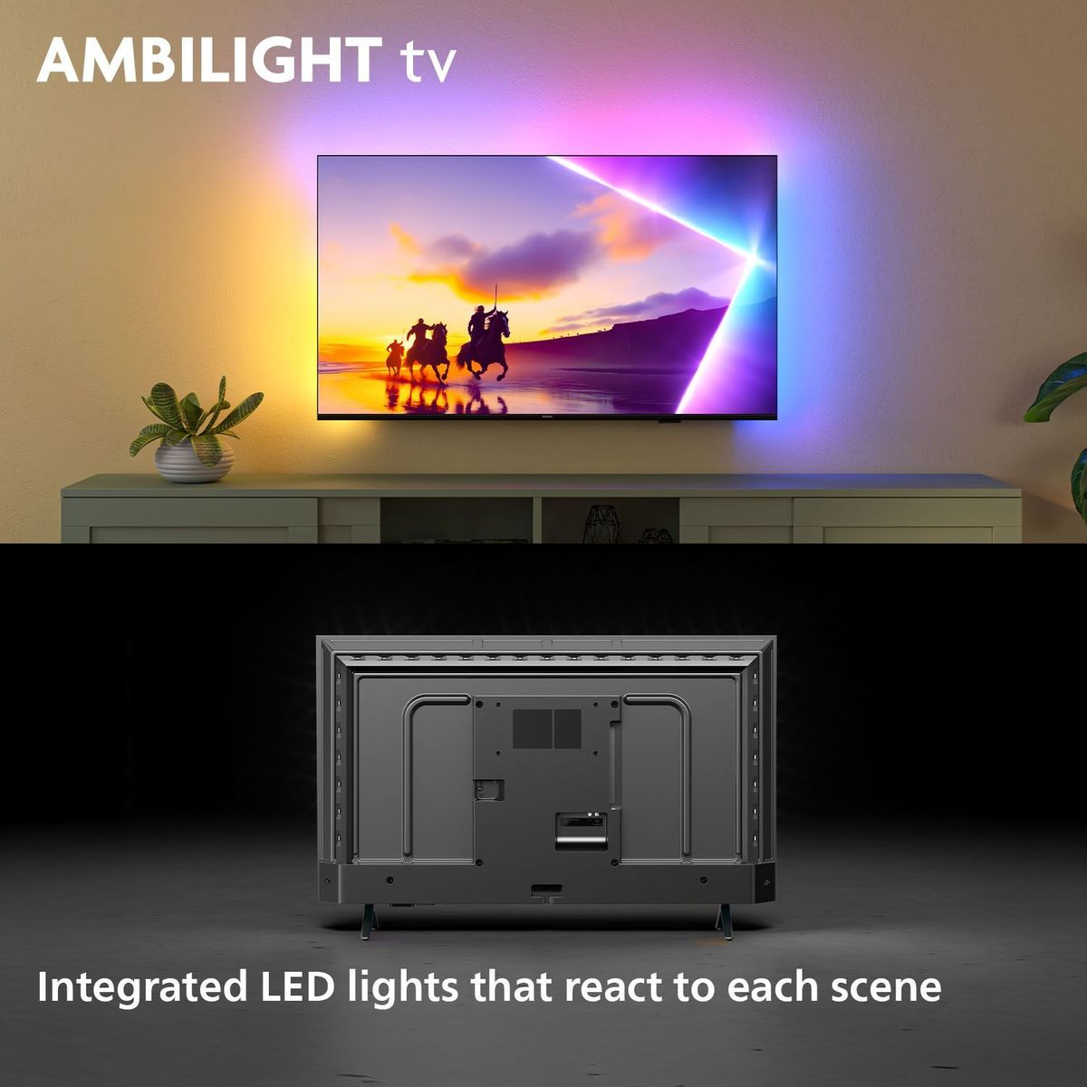 Una TV con Ambilight mostra cavalieri al tramonto. Il retro della TV è mostrato sotto.