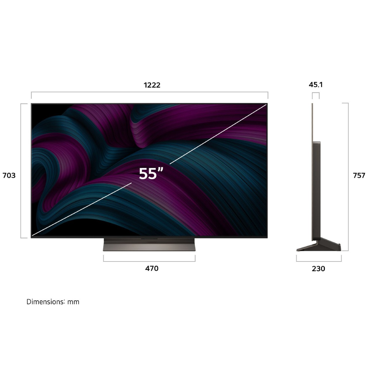 Een 55-inch tv met abstract paars en turquoise scherm. Afmetingen in mm.