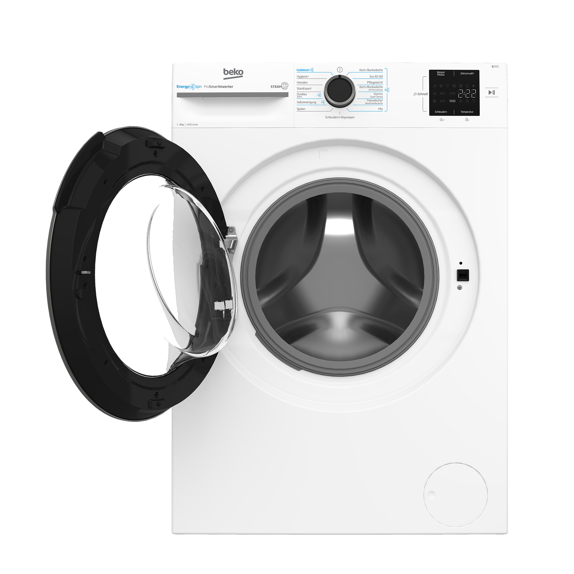 Eine weiße Beko-Waschmaschine mit geöffneter schwarzer Tür und silberner Trommel.